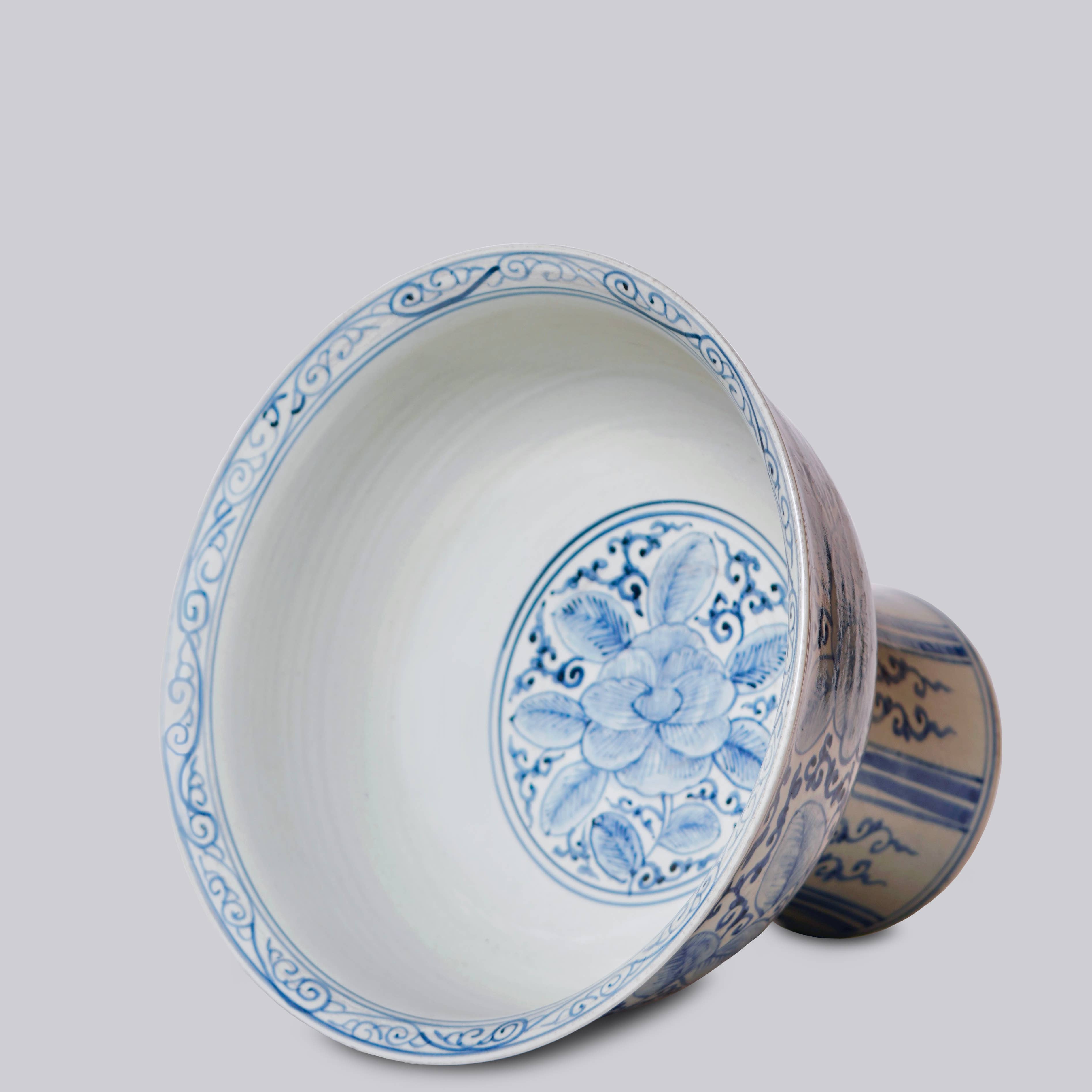 Blue and White Porcelain Rose Large Footed Bowl