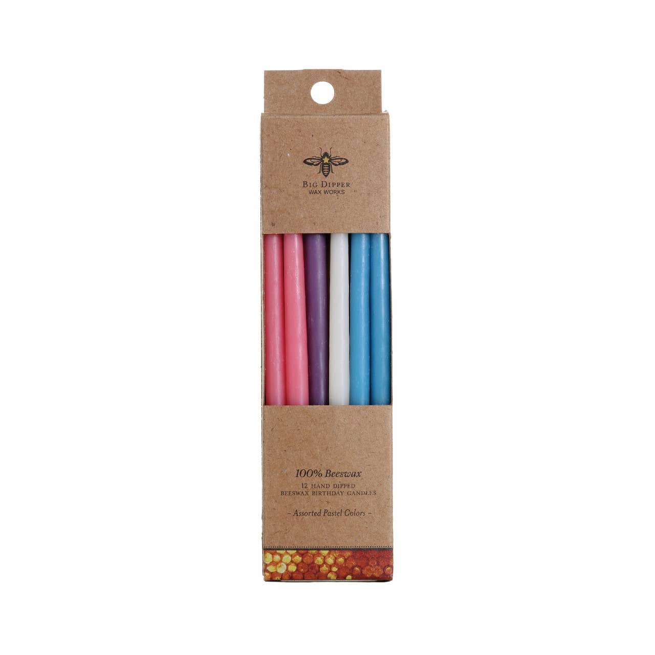 Birthday Candles – 100% Pure Beeswax – 6” Hand-Dipped: Assorted Pastel Colors, Pack of 12 Candles