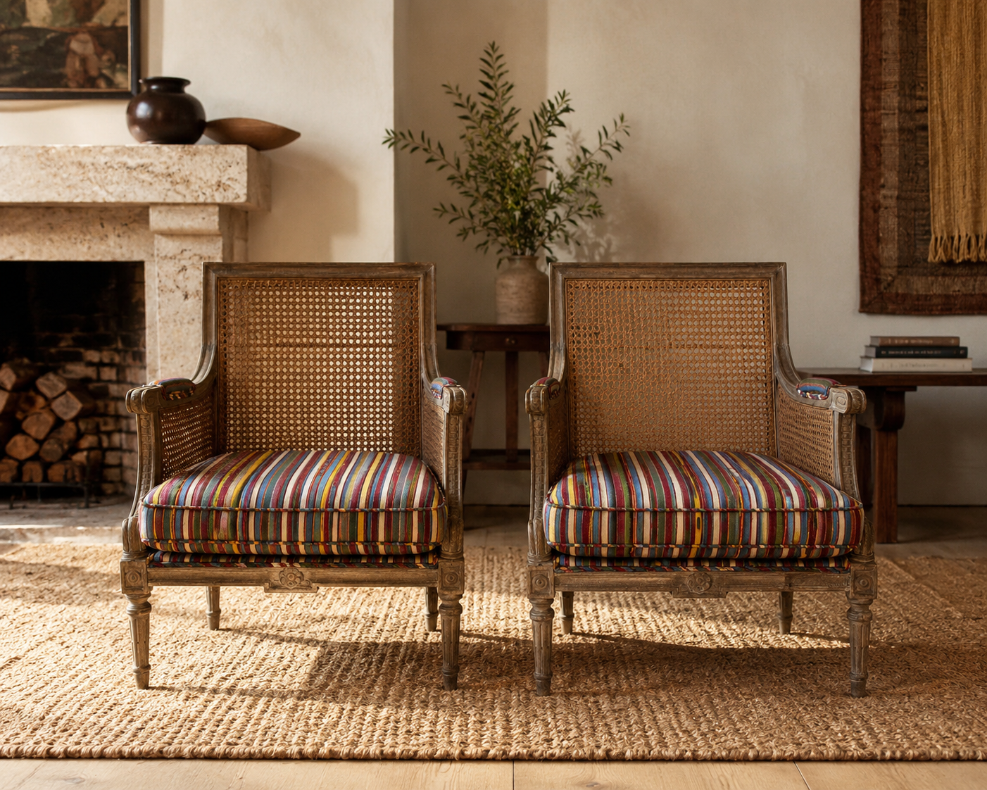 Square Back Cane Chairs Upholstered in Olivia Dickinson Striped Fabric