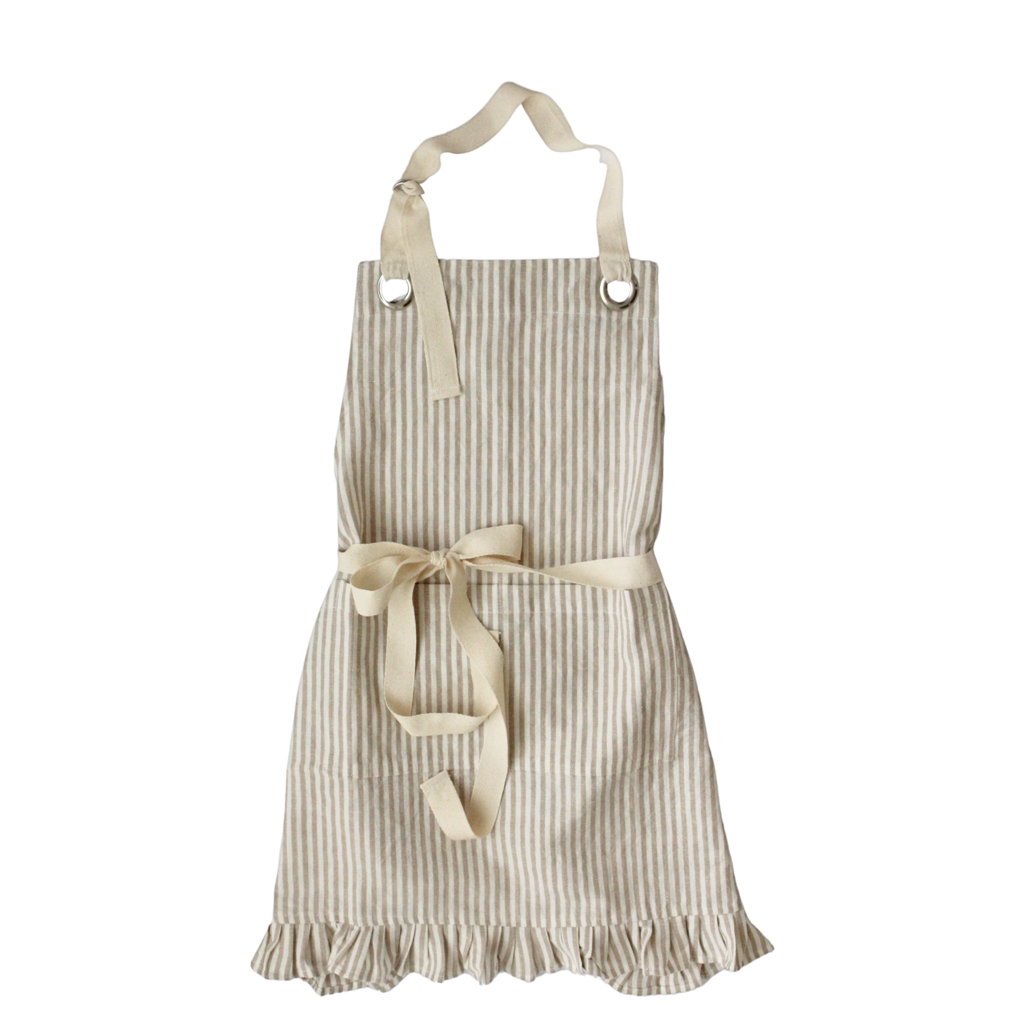 Ruffle Pin Stripe Apron: Tan