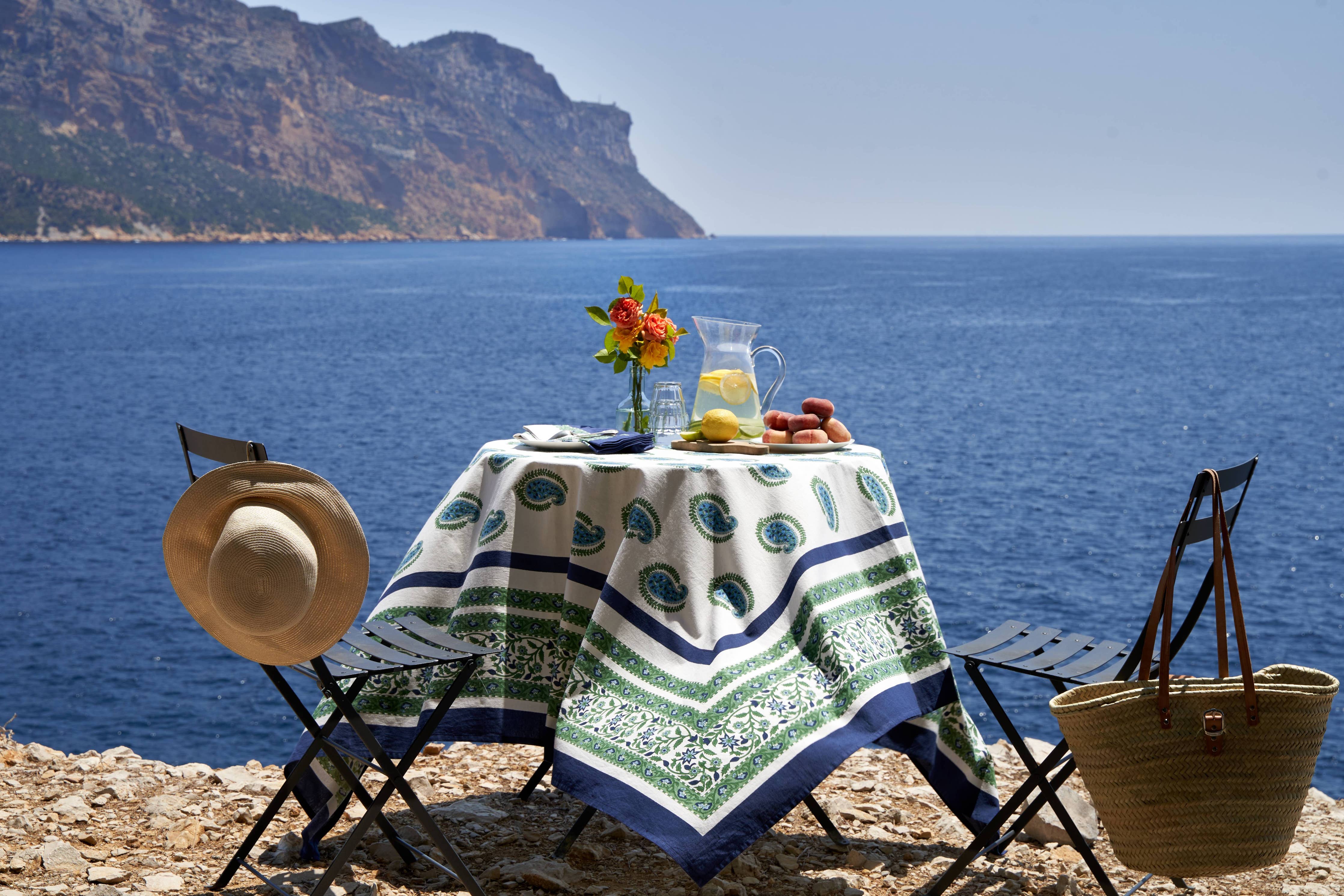 Cassis Blue & Green Tablecloth: 71" x 106"