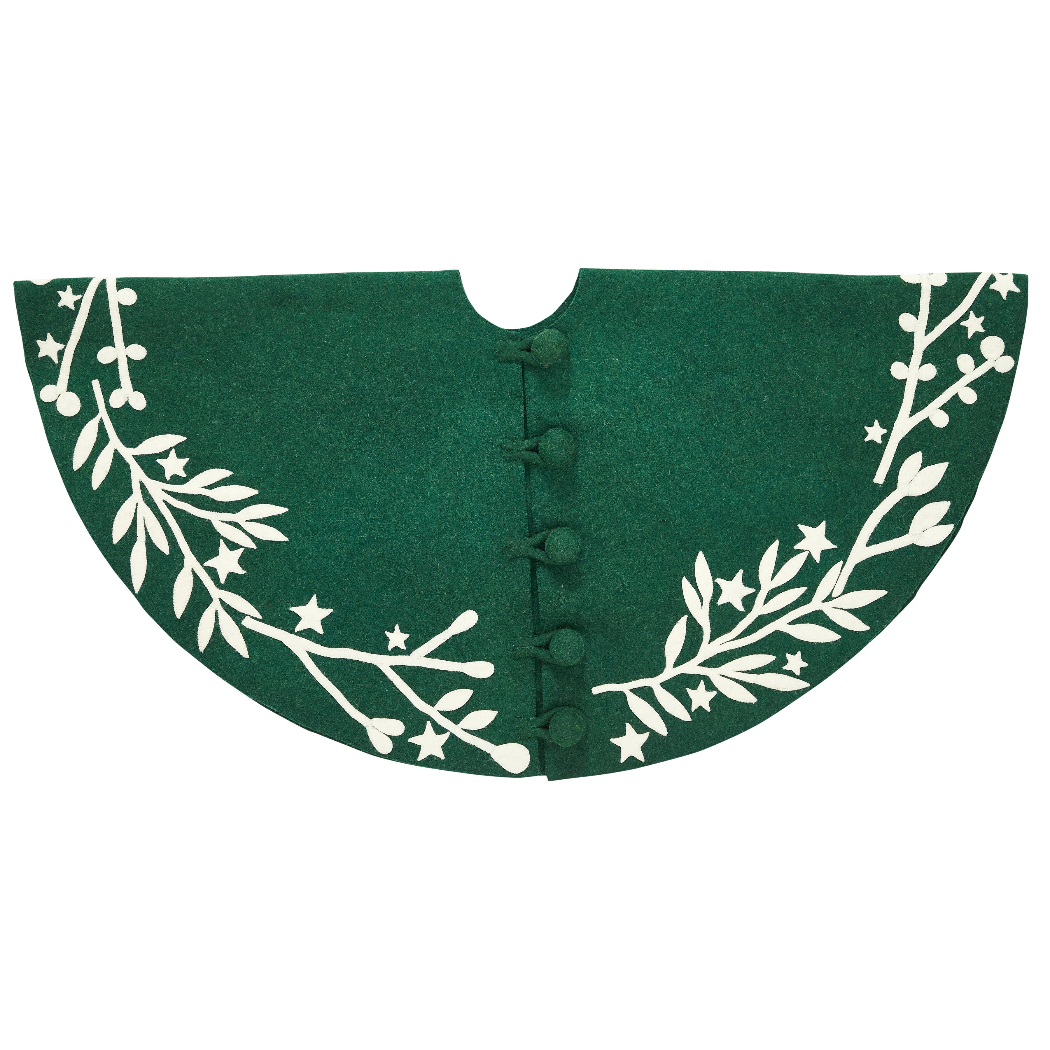Handmade Green Christmas Tree Skirt Cream Branches & Stars