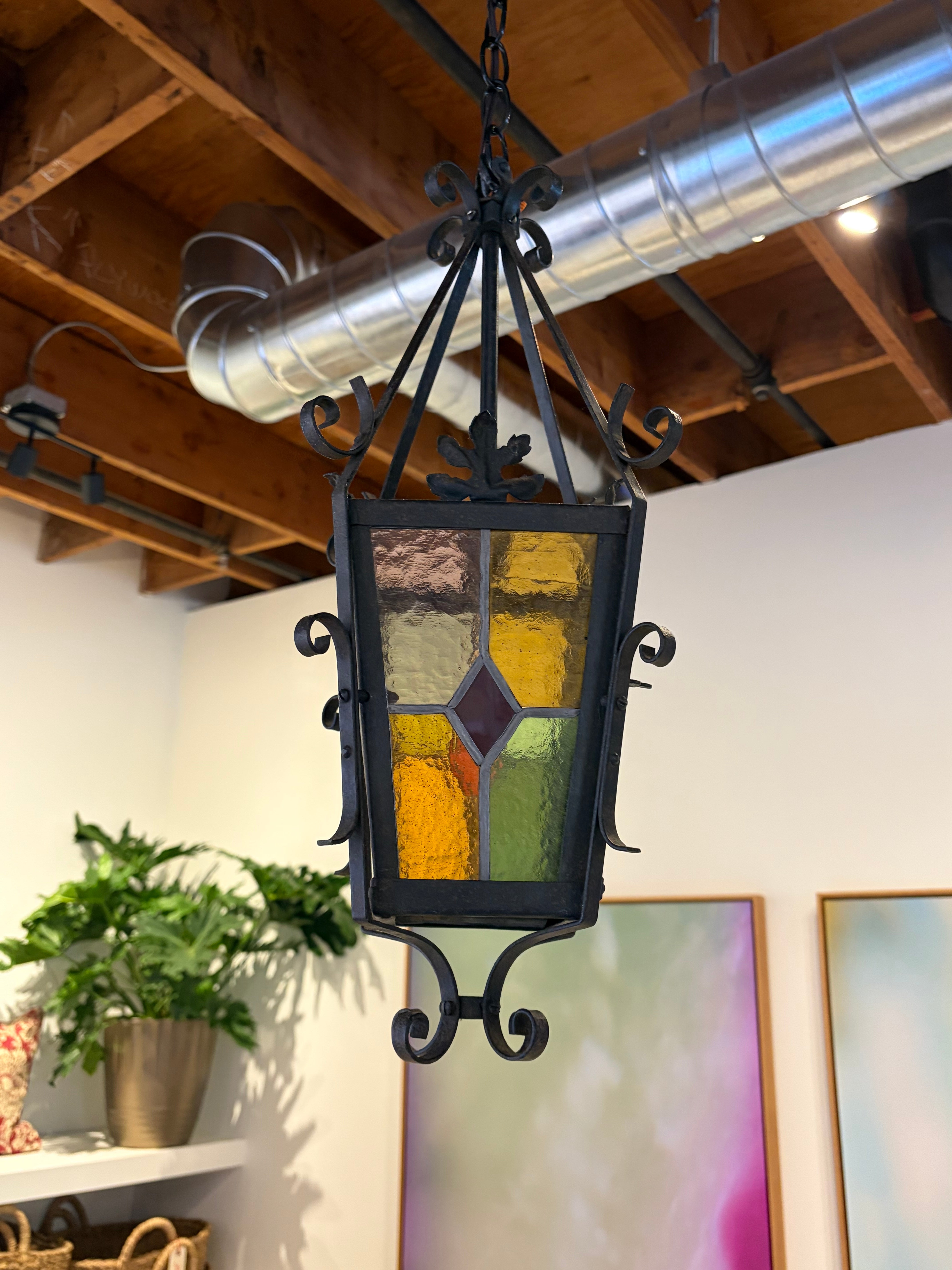 Vintage Stained Glass Hanging Lantern