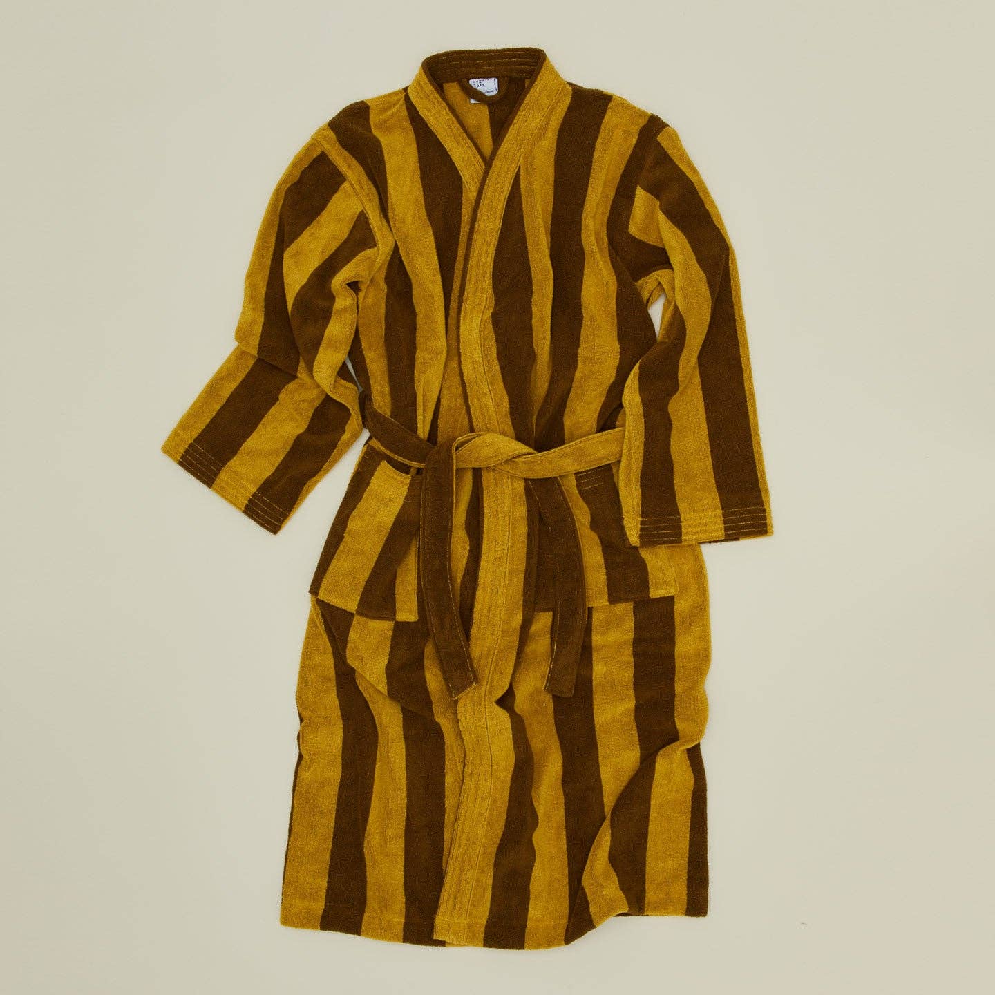 Simple Striped Terry Bathrobe- Mustard/Bronze: Large