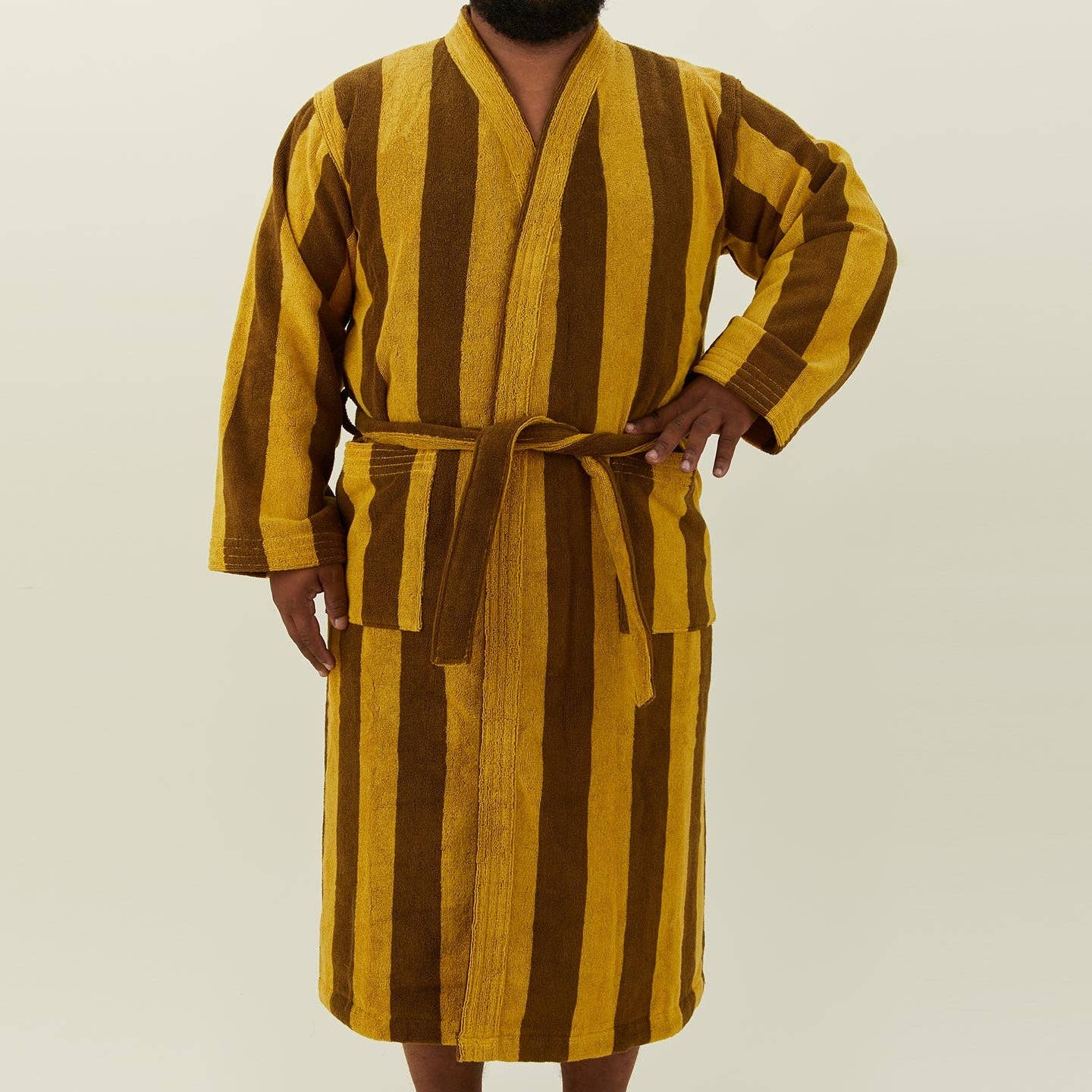 Simple Striped Terry Bathrobe- Mustard/Bronze: Large