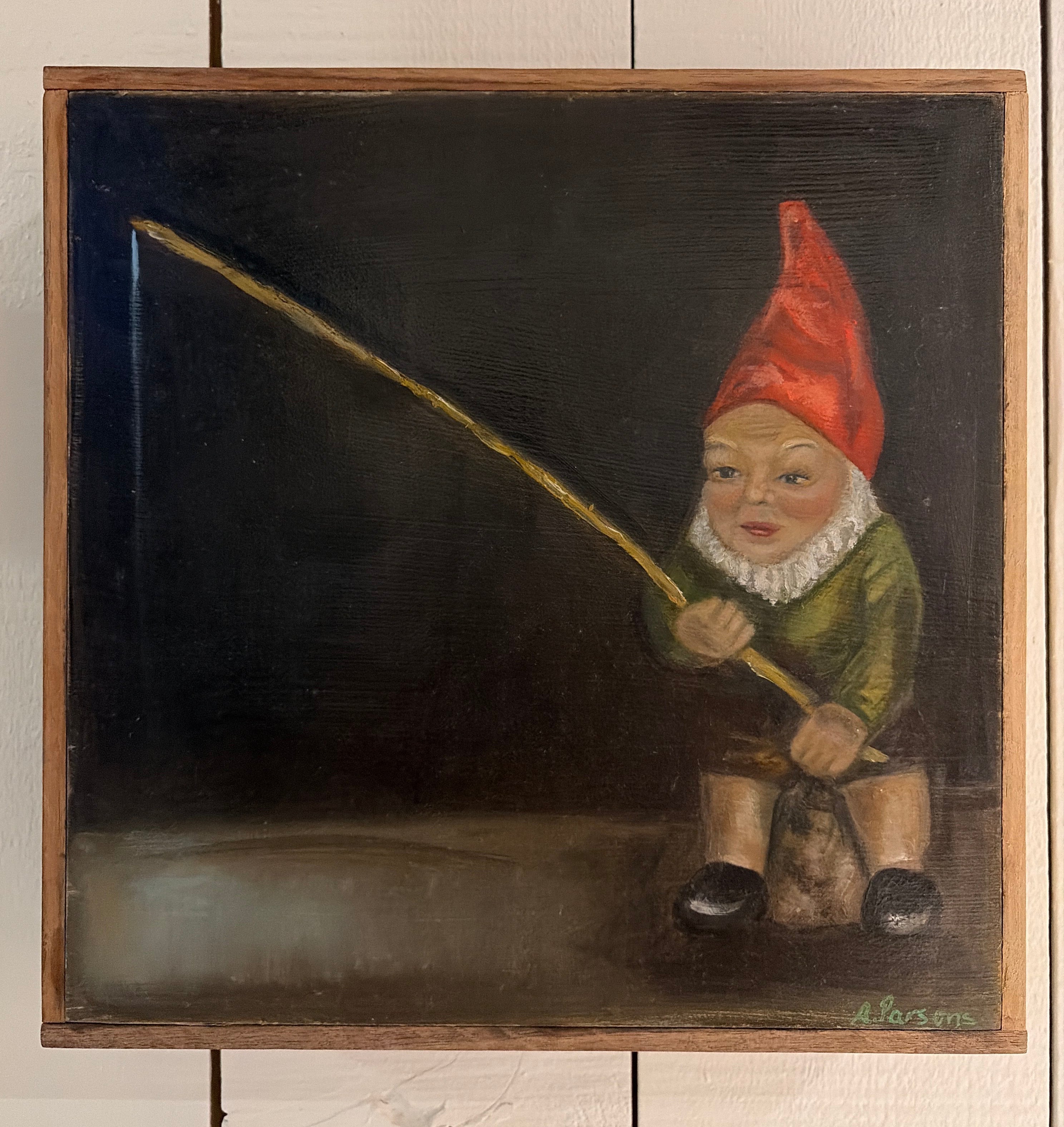 Fishing Gnome oil painting 10x10