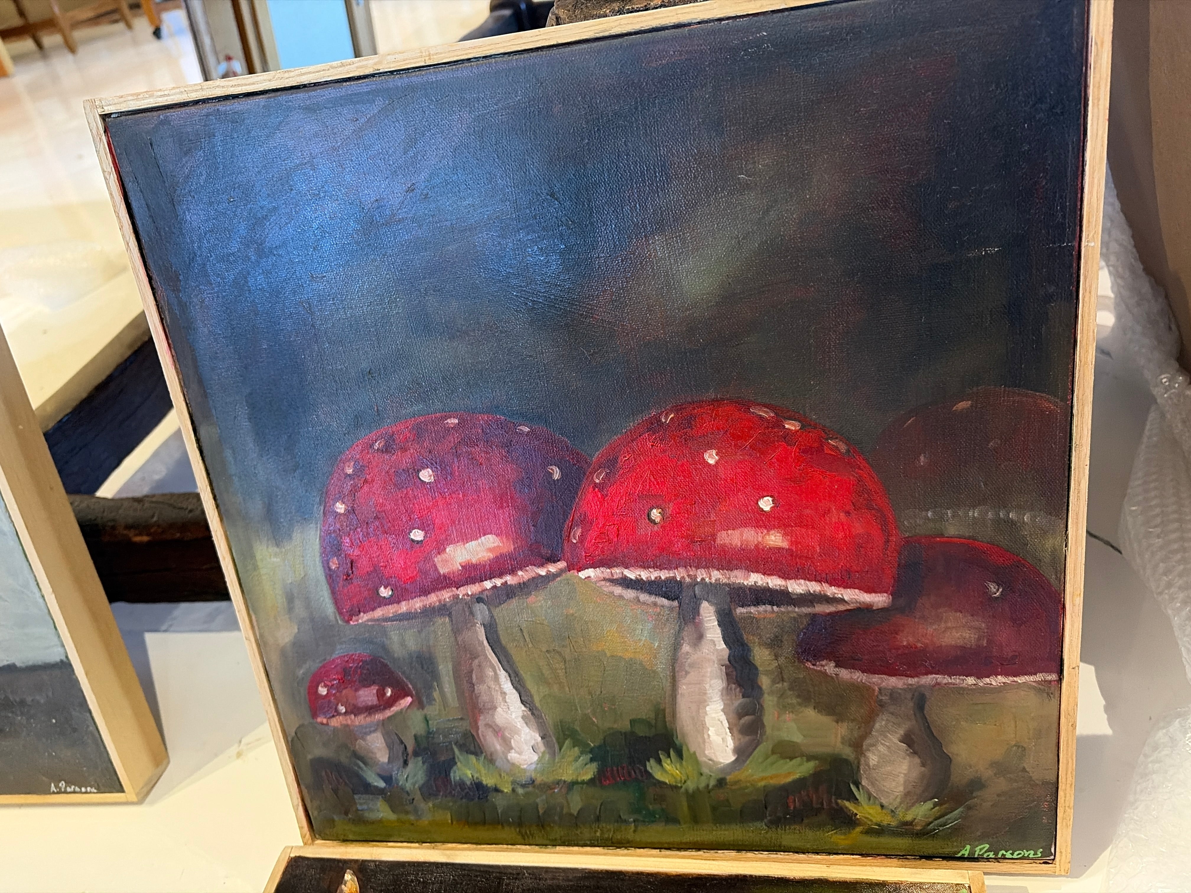 Ali Parsons, Four Red Mushrooms 16x16 oil painting