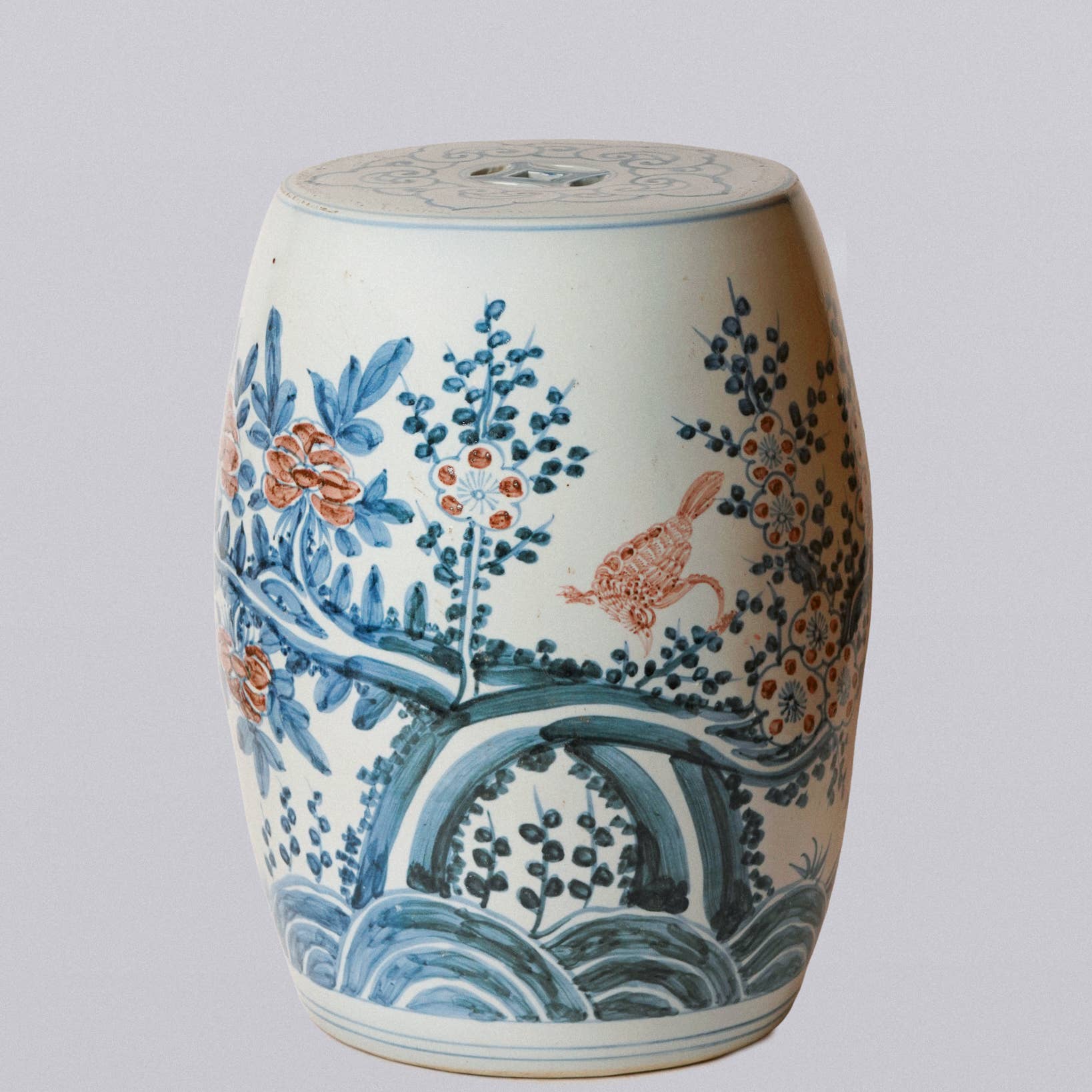 Red and Blue Porcelain Bird and Flower Garden Seat