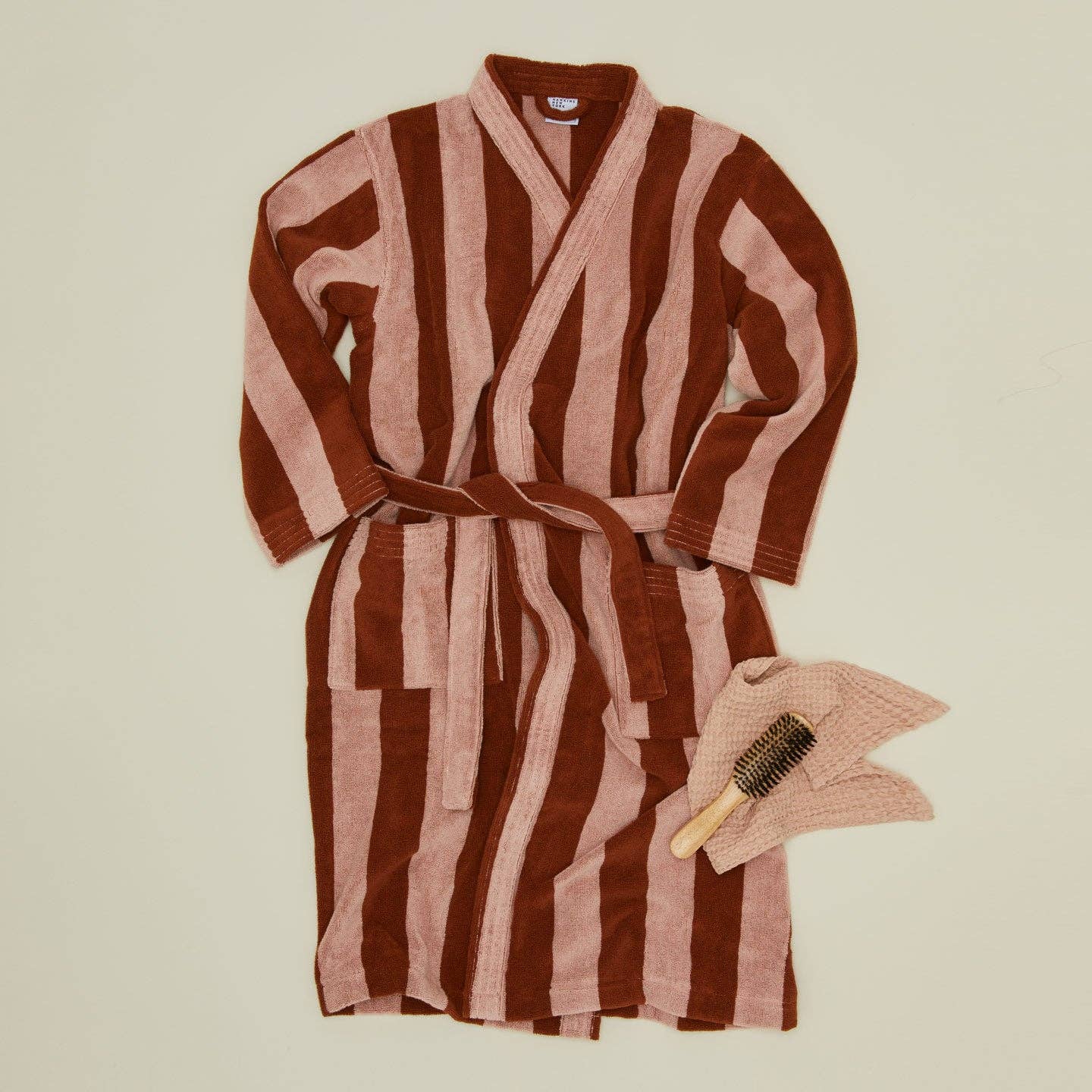 Simple Striped Terry Bathrobe- Blush/Terracotta: Large