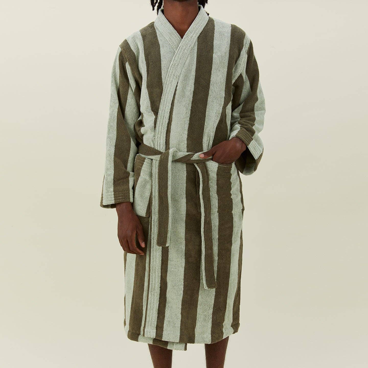 Simple Striped Terry Bathrobe- Olive/Sage: Large