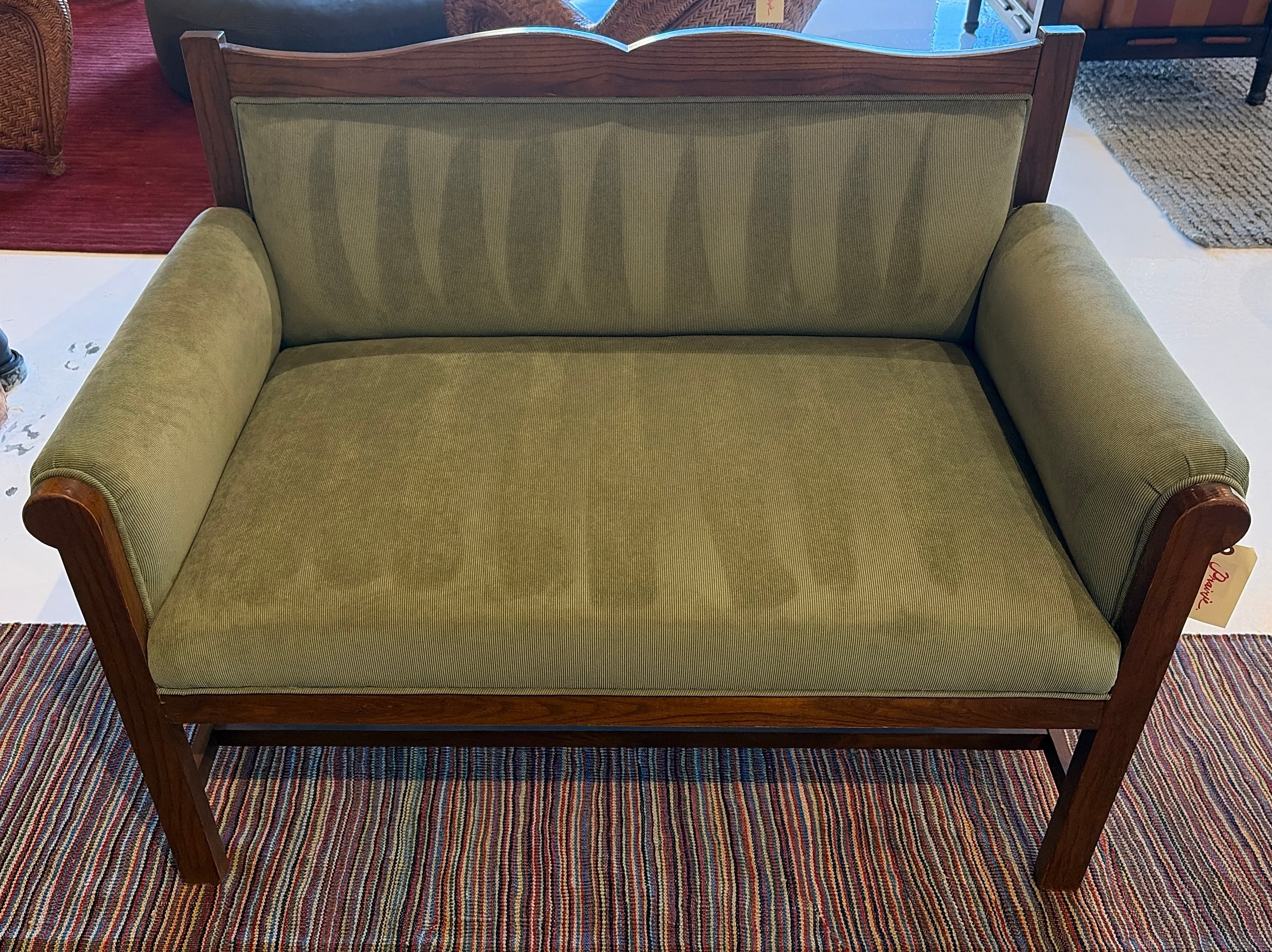 Wood & Green Upholstered Settee