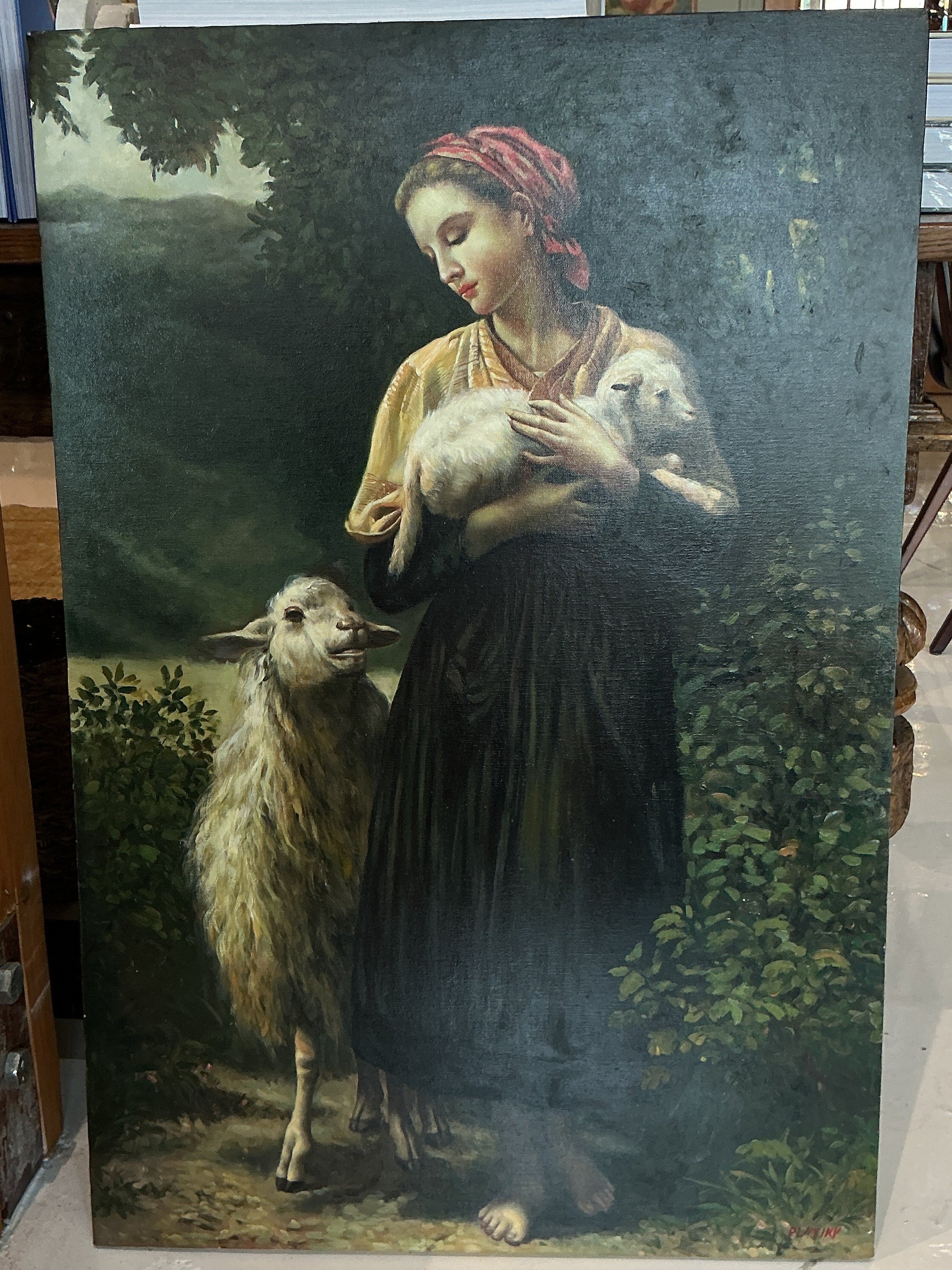 Lady With Lambs Painting 36”x24”