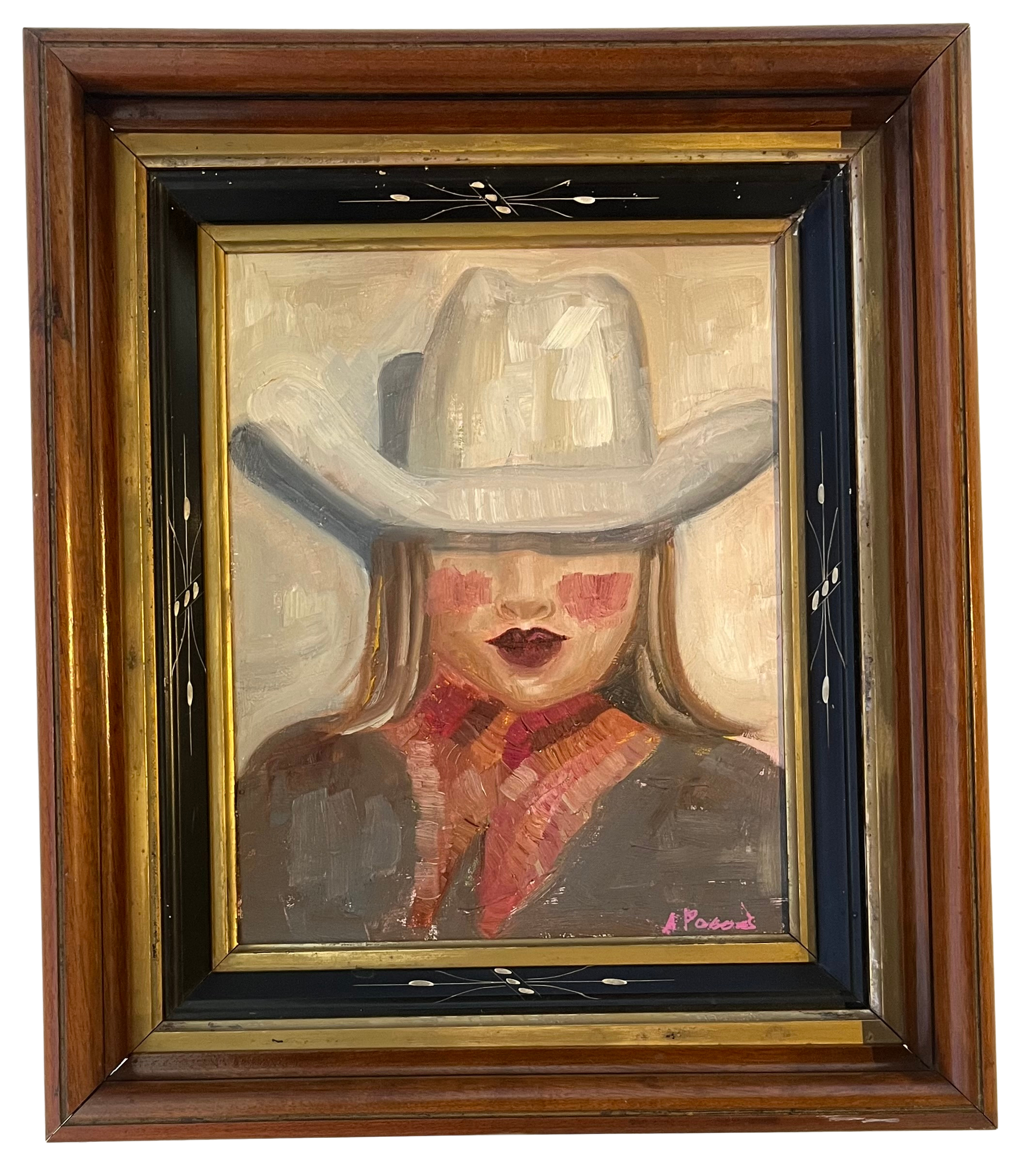 Alison Parsons, Cowgirl in White Hat 12” x 14” in Vintage Early 1900 Eastlake Frame