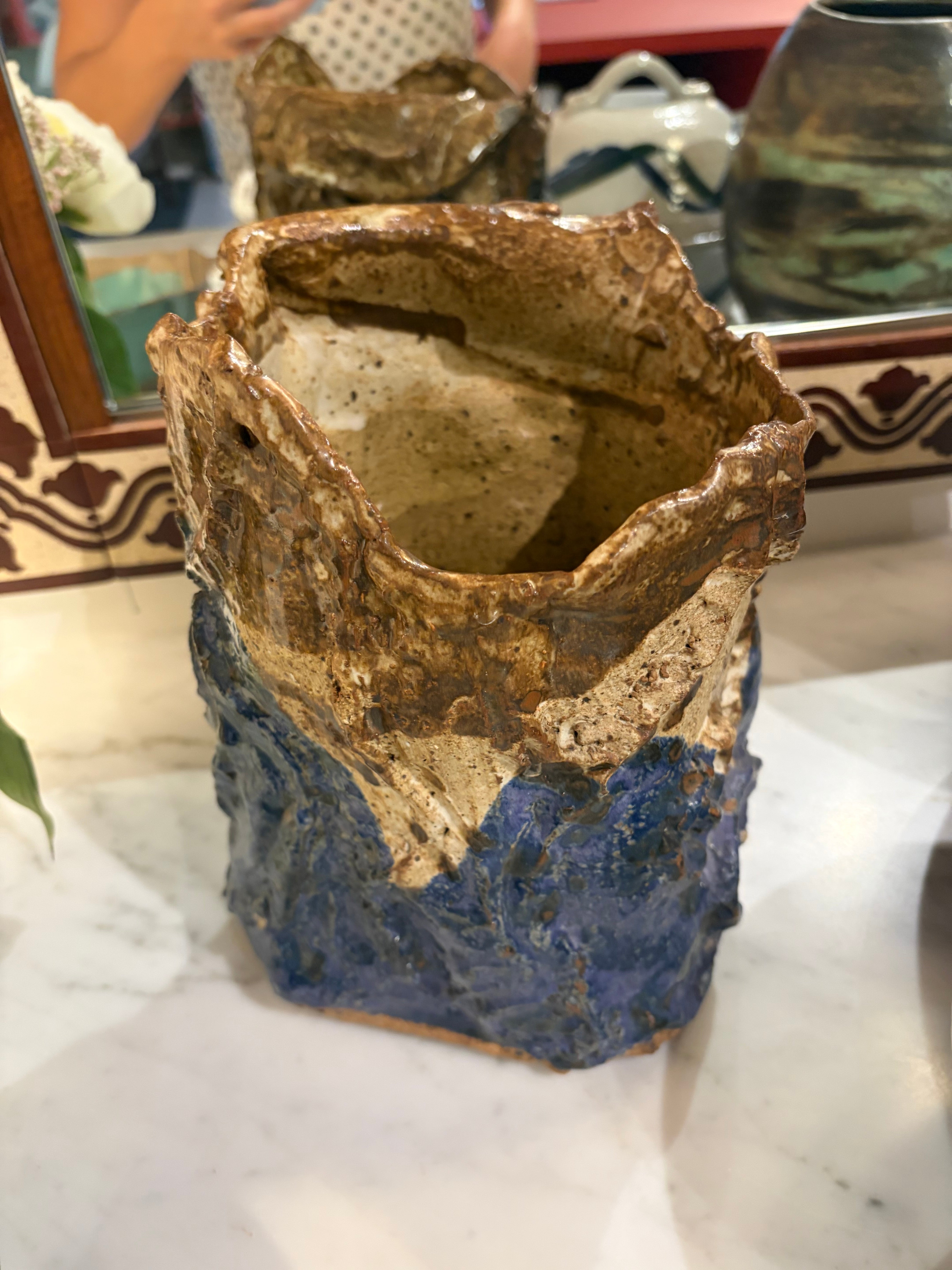 Signed Irregular Ceramic Vase Blue and Beige