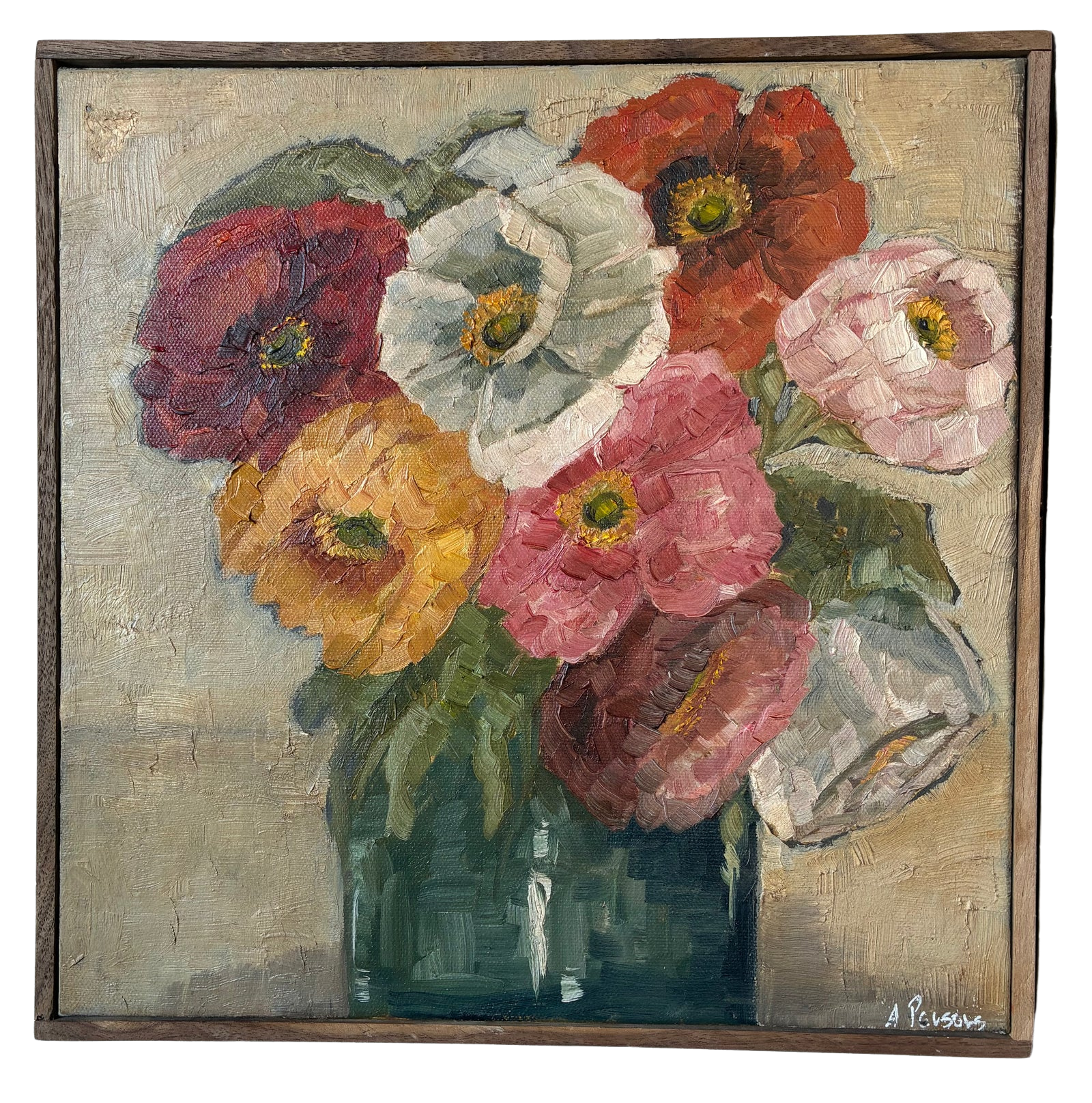 Alison Parsons, Floral Bouquet in Green Vase 12” x 12”