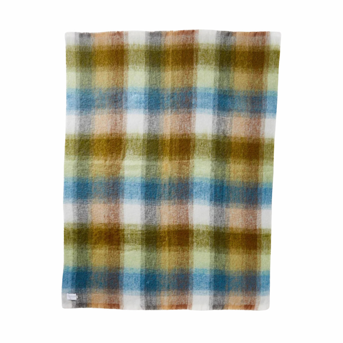 Green Blue And Tan Woven Mohair Wool Plaid Reversable Throw