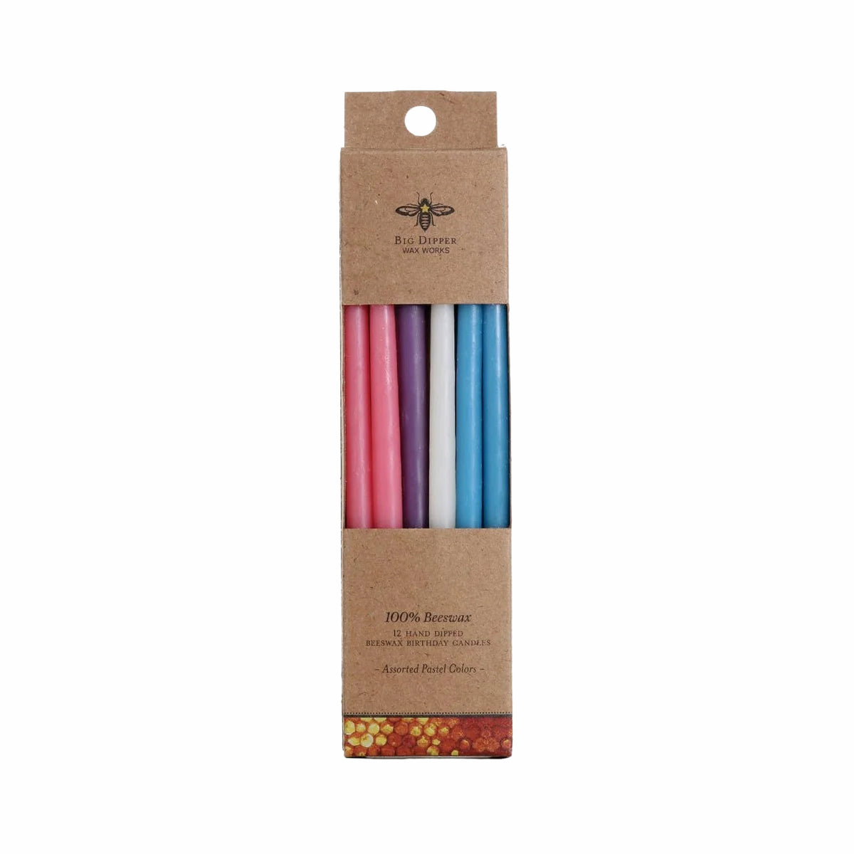 Birthday Candles – 100% Pure Beeswax – 6” Hand-Dipped: Assorted Pastel Colors, Pack of 12 Candles