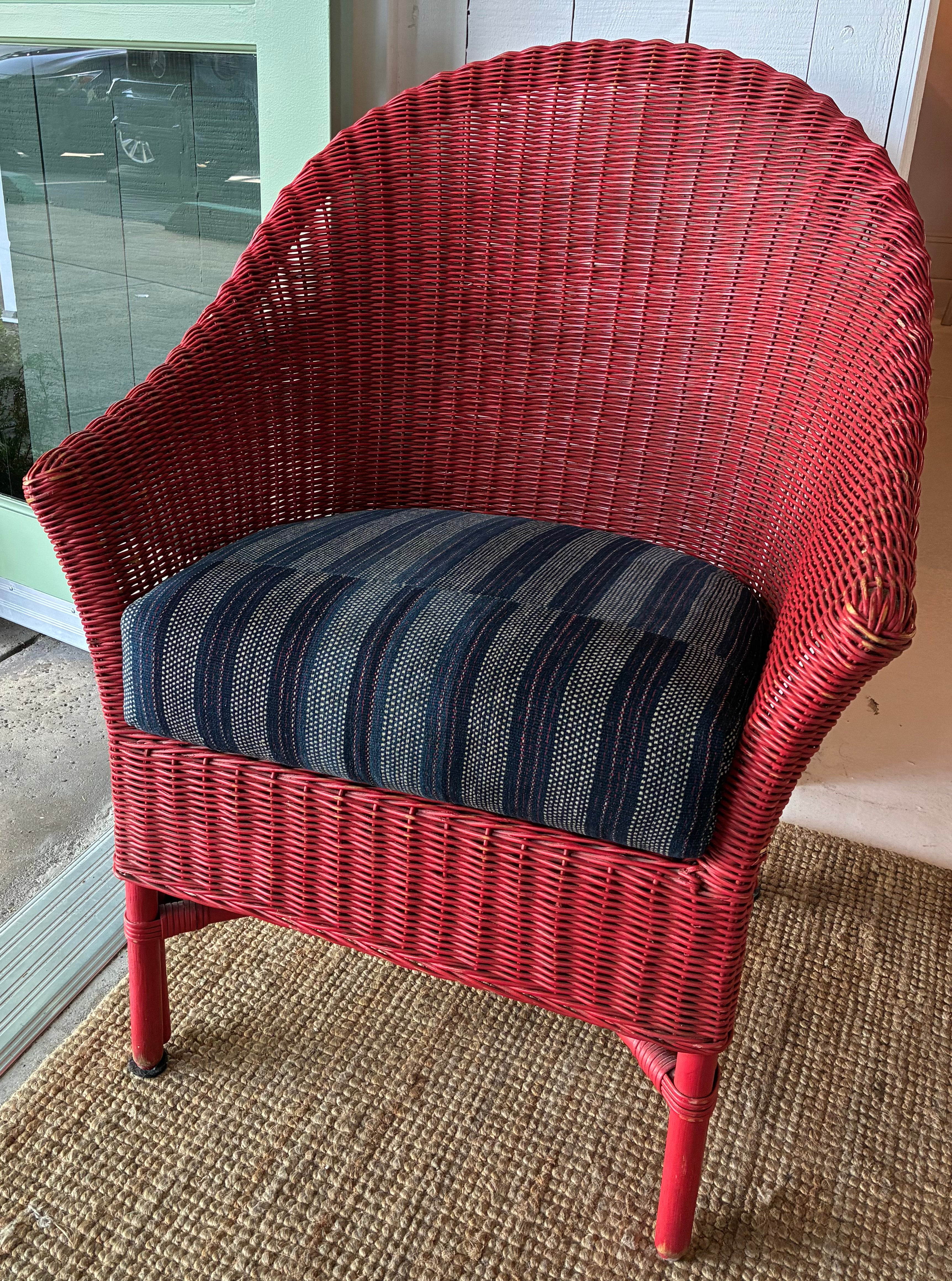Vintage Red Wicker Chair with Custom Reupholstered African Cloth Cushion