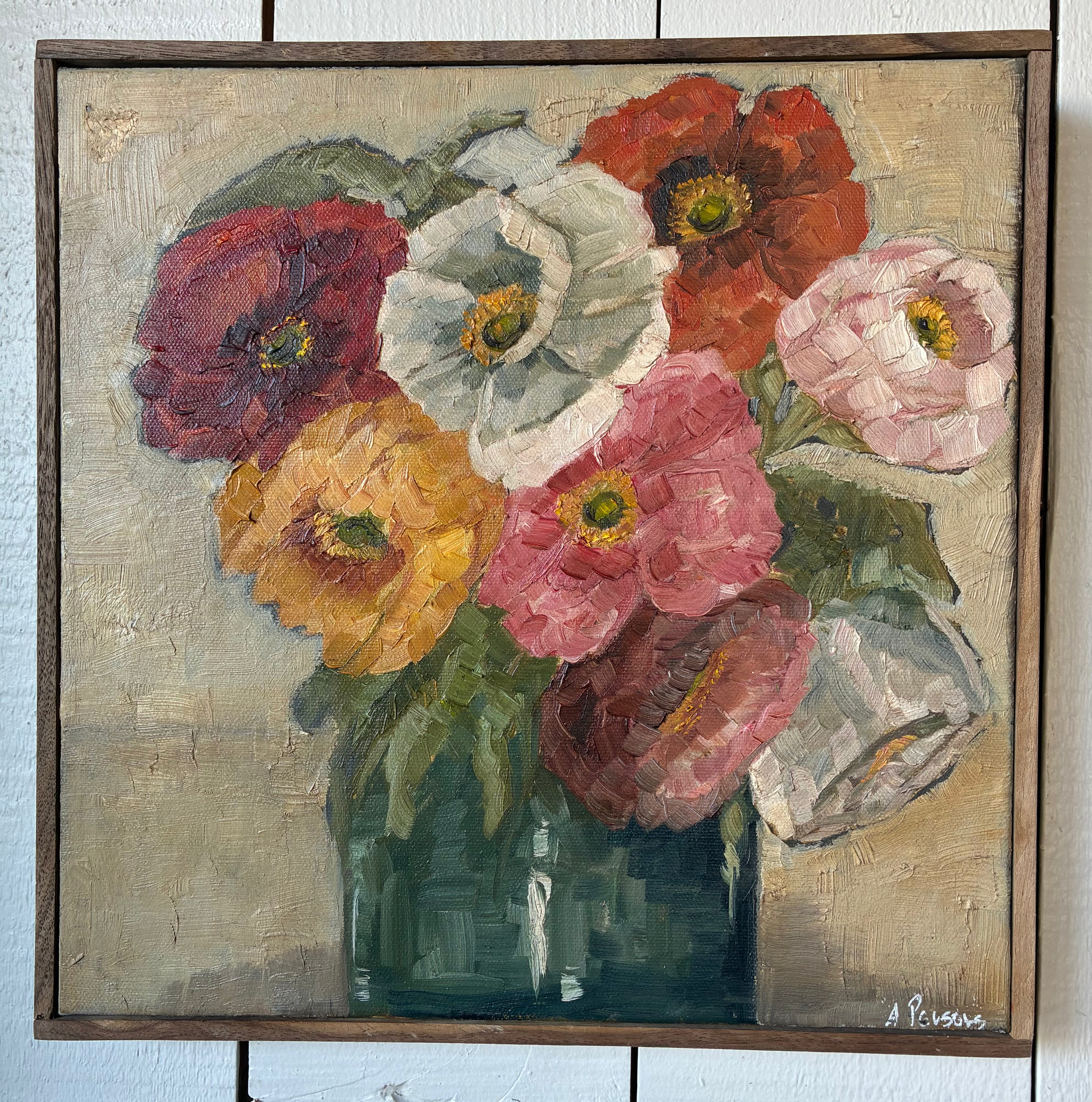 Alison Parsons, Floral Bouquet in Green Vase 12” x 12”