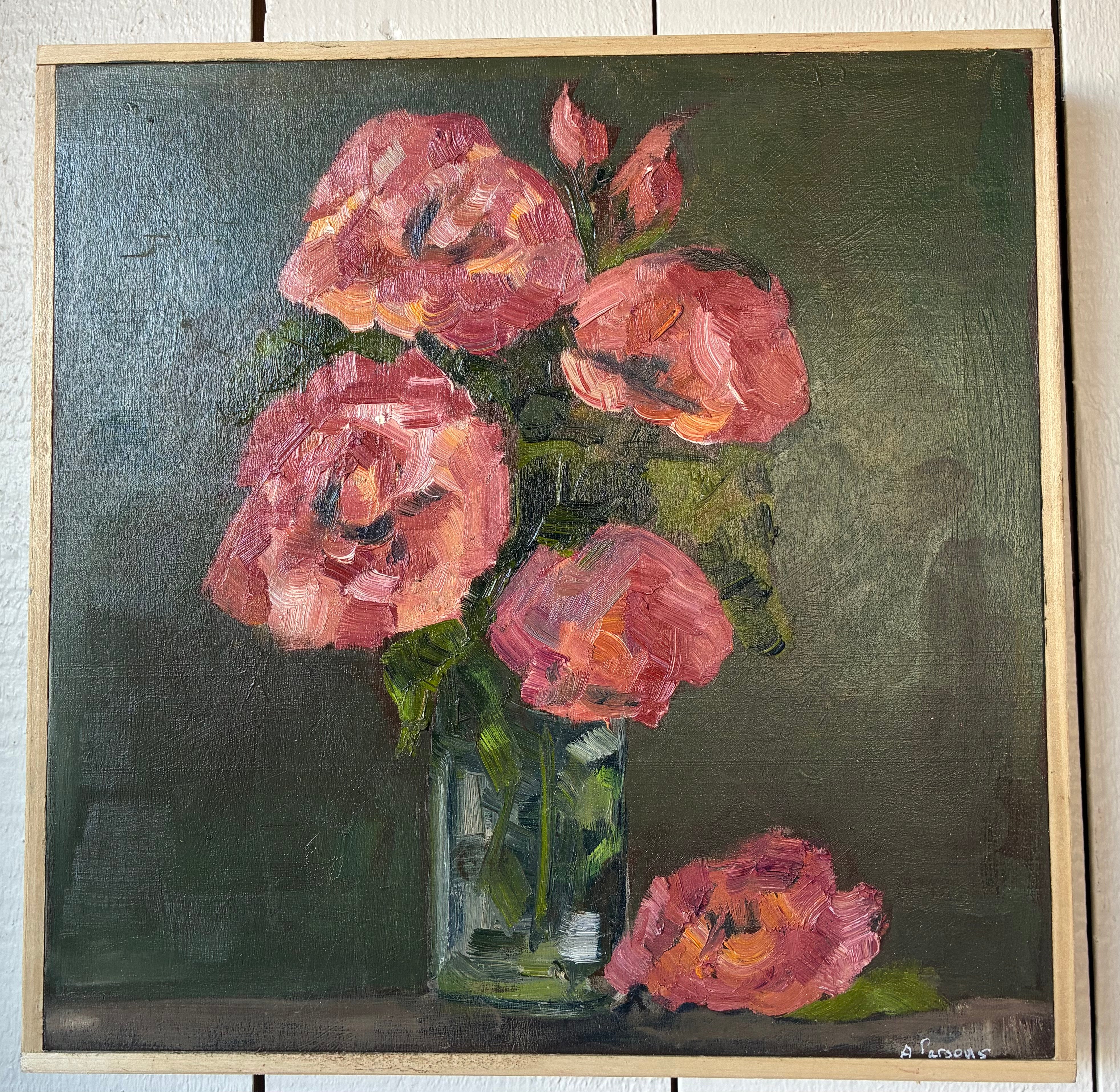 Alison Parsons, Pink Peonies in Glass Vase 12” x 12”