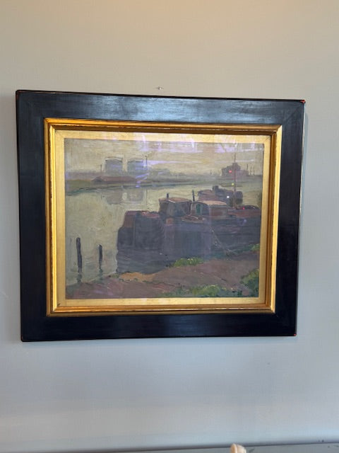 Gold and Black Framed Docked Boat Painting