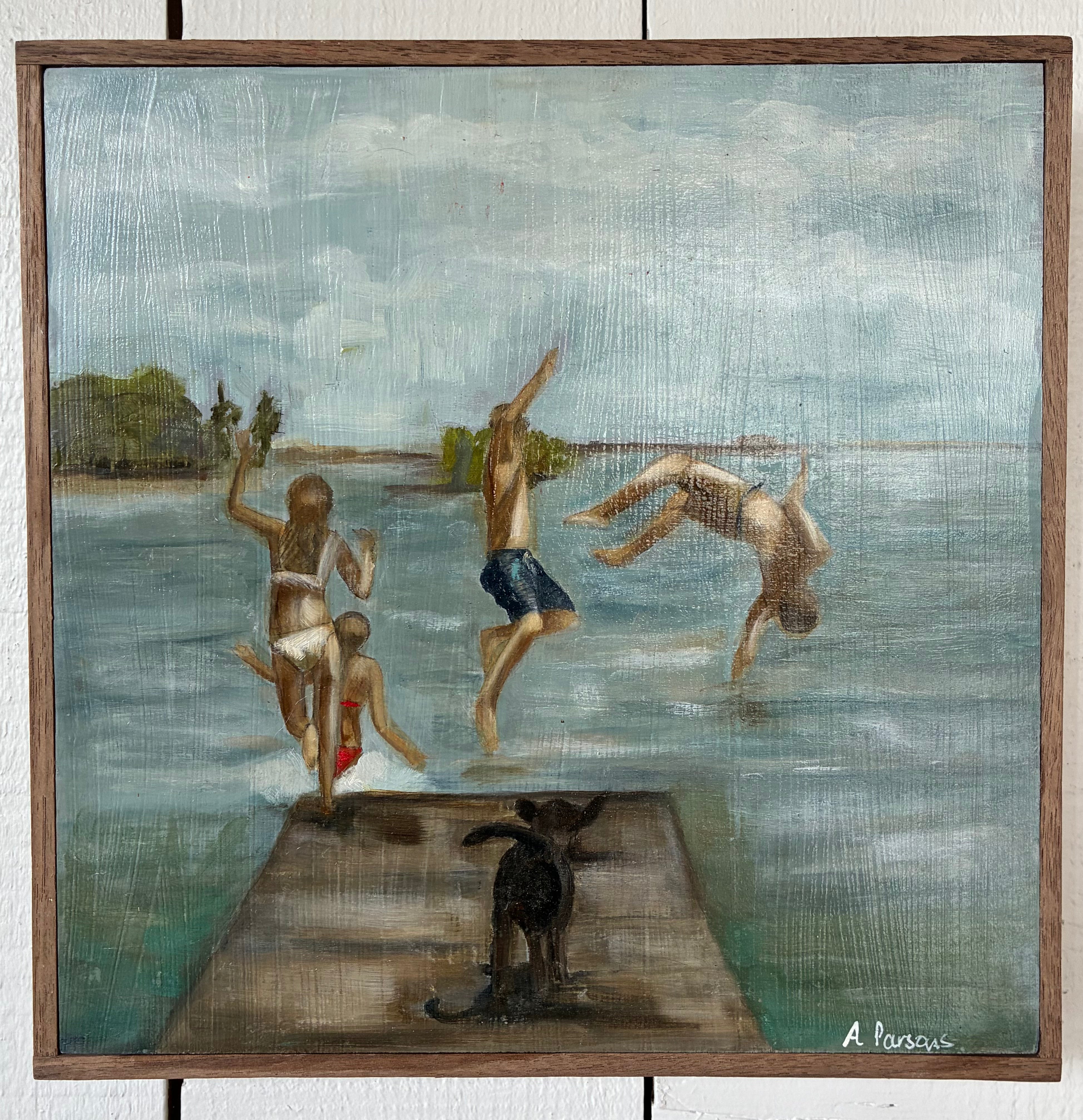 Alison Parsons, Kids Jumping off the Dock 10.5” x 10.5”