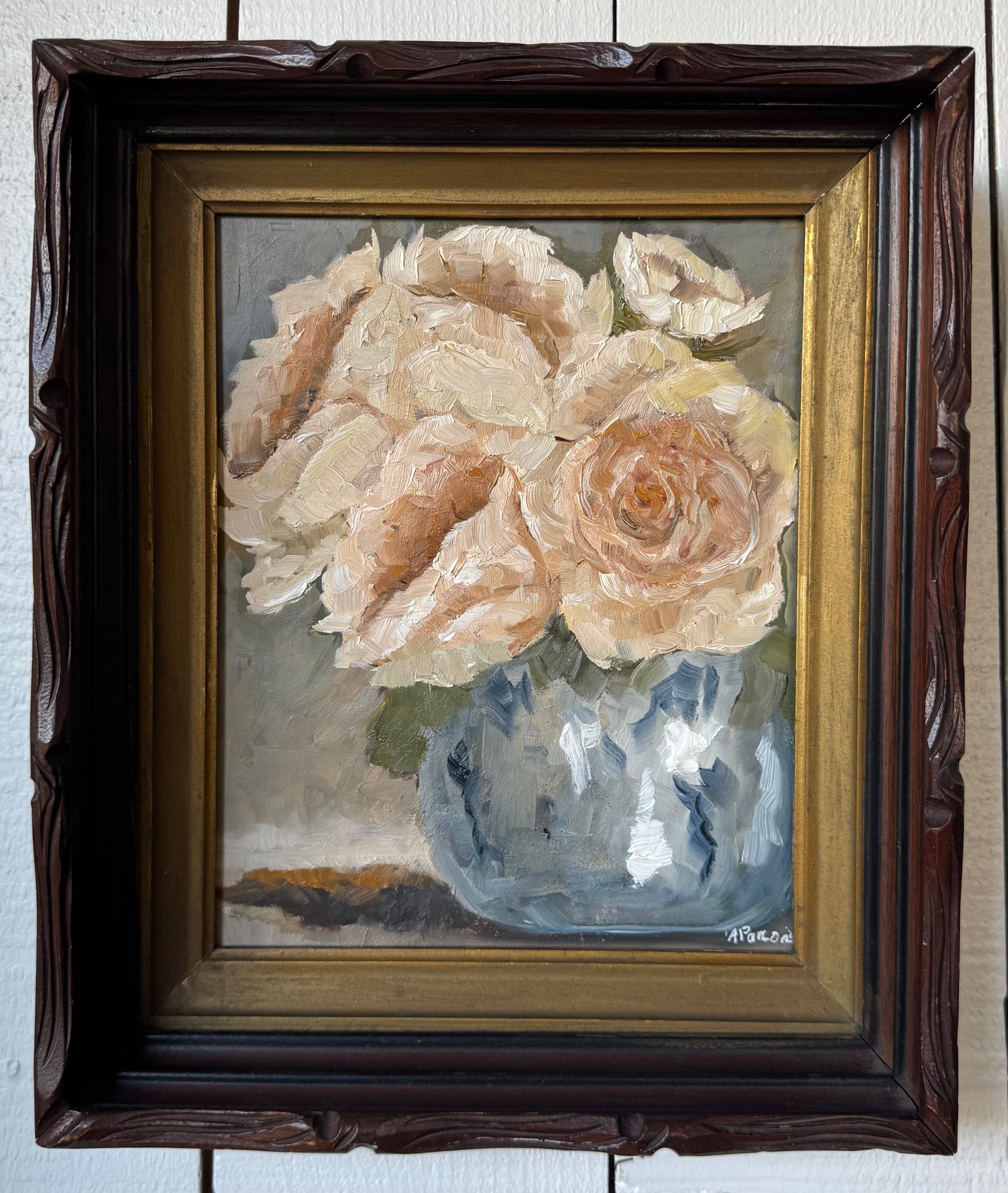 Alison Parsons, Floral Bouquet Blue Vase in a Vintage Frame 13” x 11”