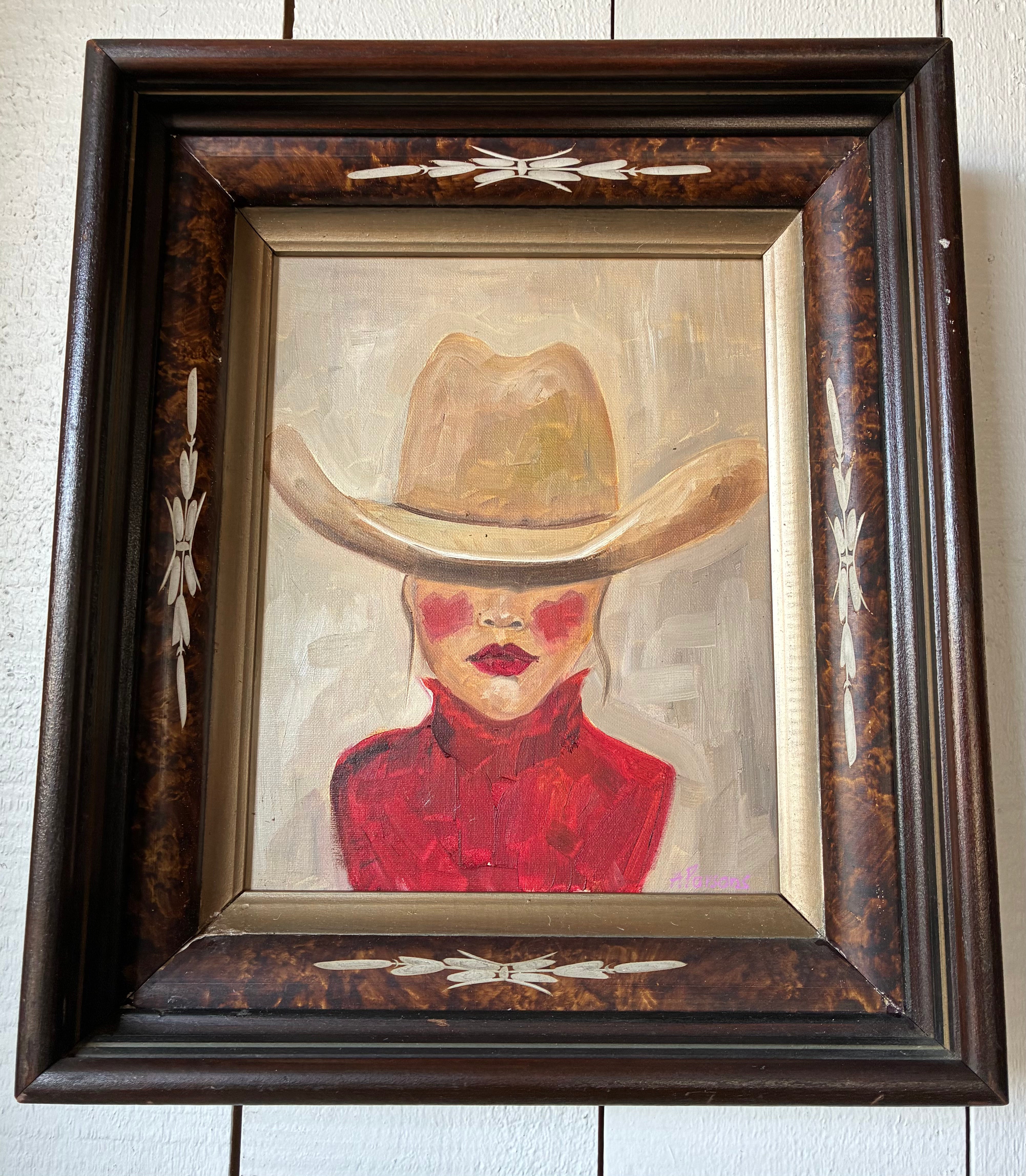 Alison Parsons, Cowgirl in Red 12” x 14” in Vintage Early 1900 Eastlake Frame
