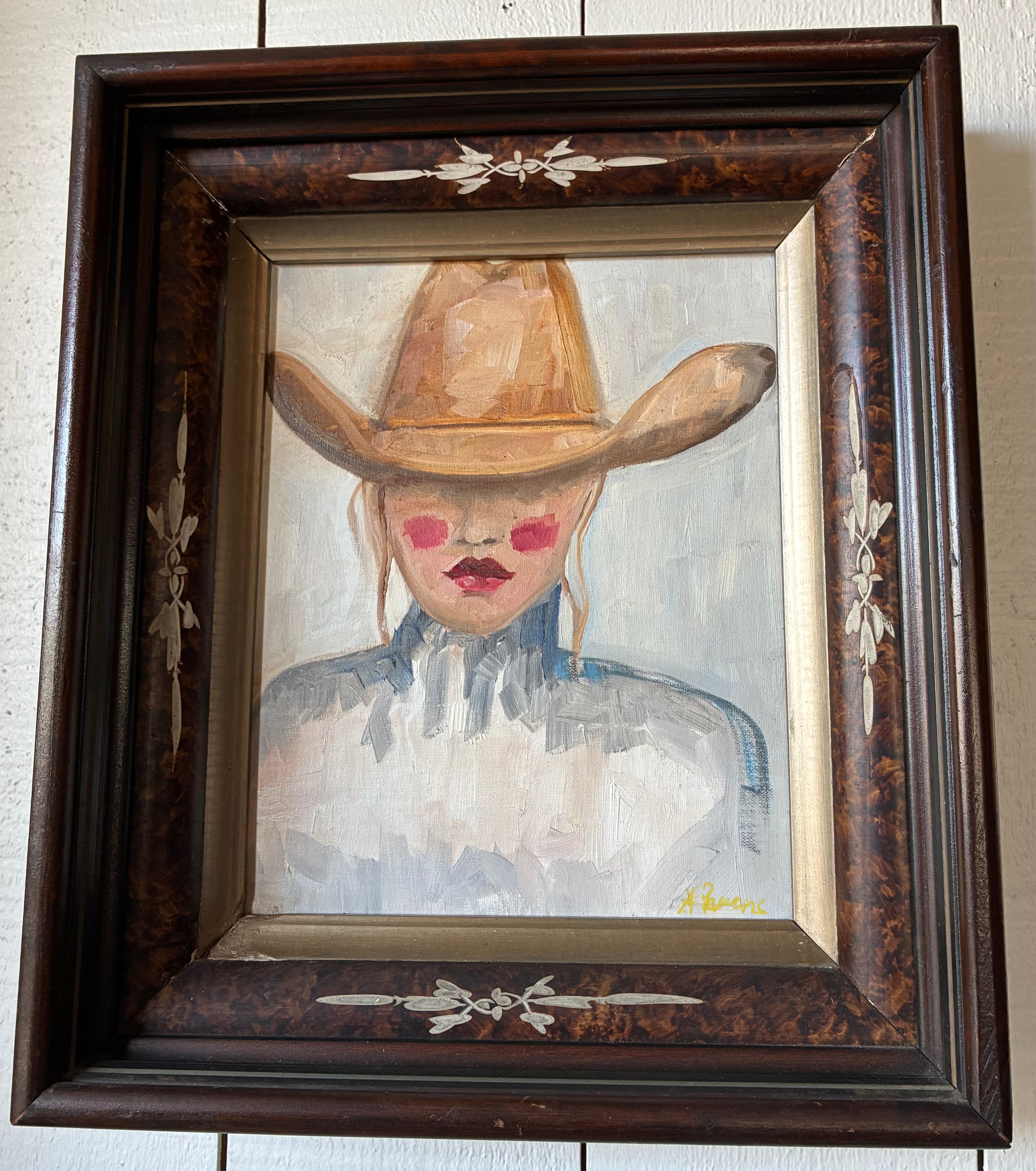 Alison Parsons, Cowgirl in Blue 12” x 14” in Vintage Early 1900 Eastlake Frame