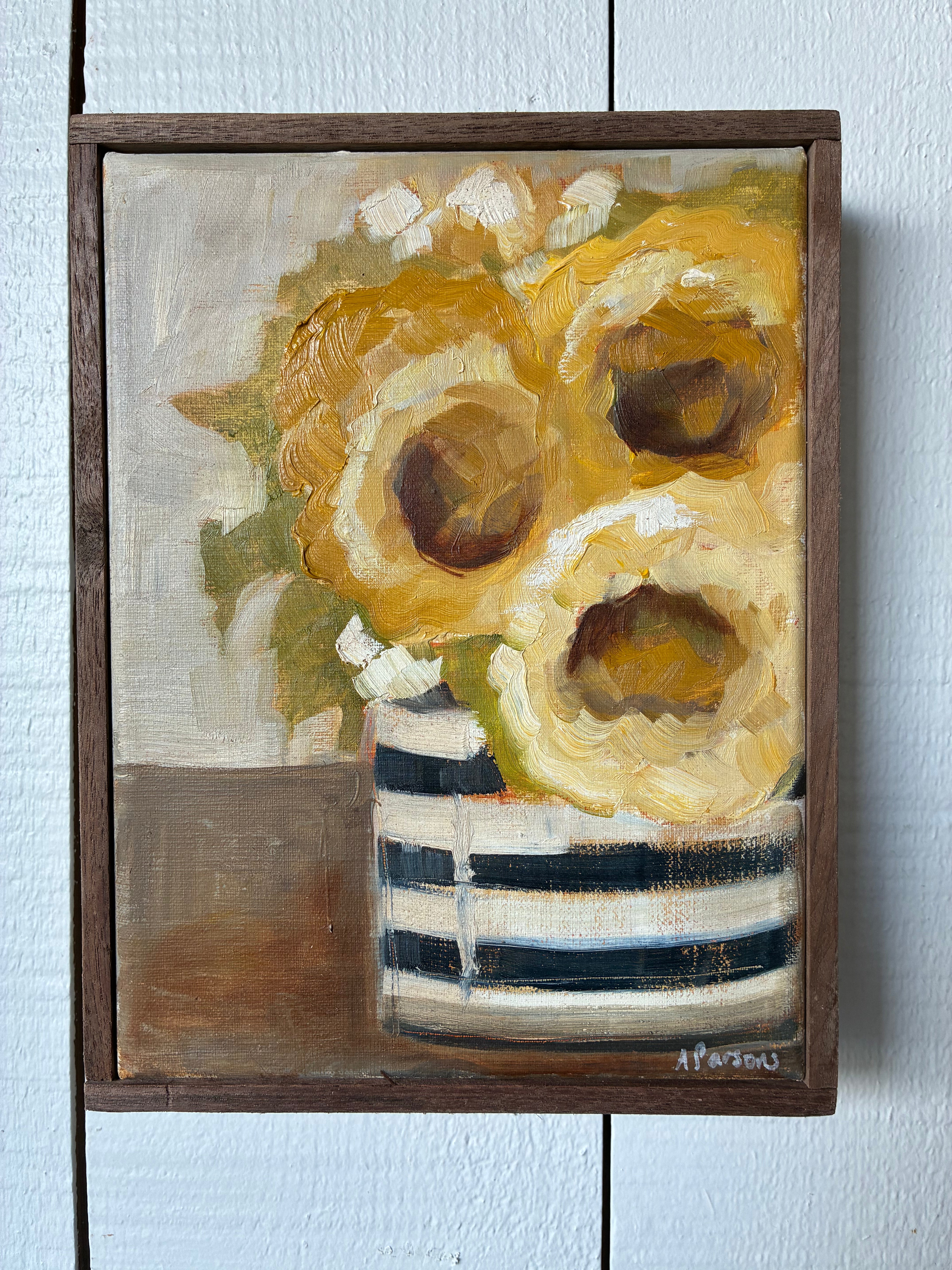 Alison Parsons, Yellow Flowers in Striped Vase