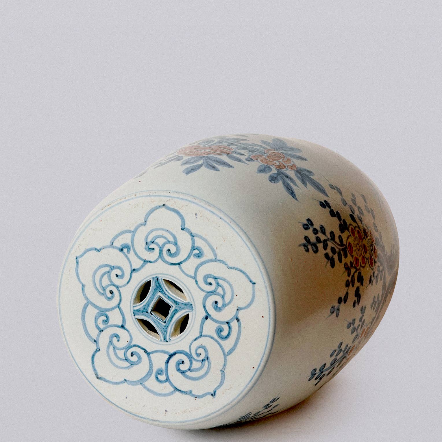 Red and Blue Porcelain Bird and Flower Garden Seat