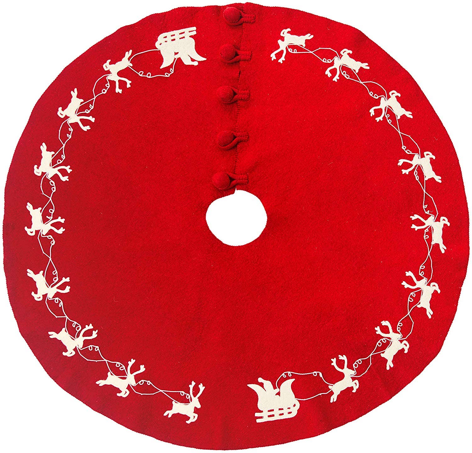 Reindeer Handmade Red Christmas Tree Skirt, Santa's Sleigh: 60"