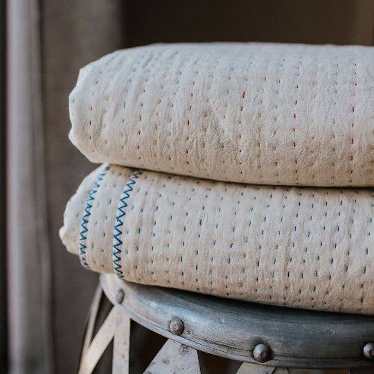 Basha Natural Kantha Throw Blanket : Shades of blue
