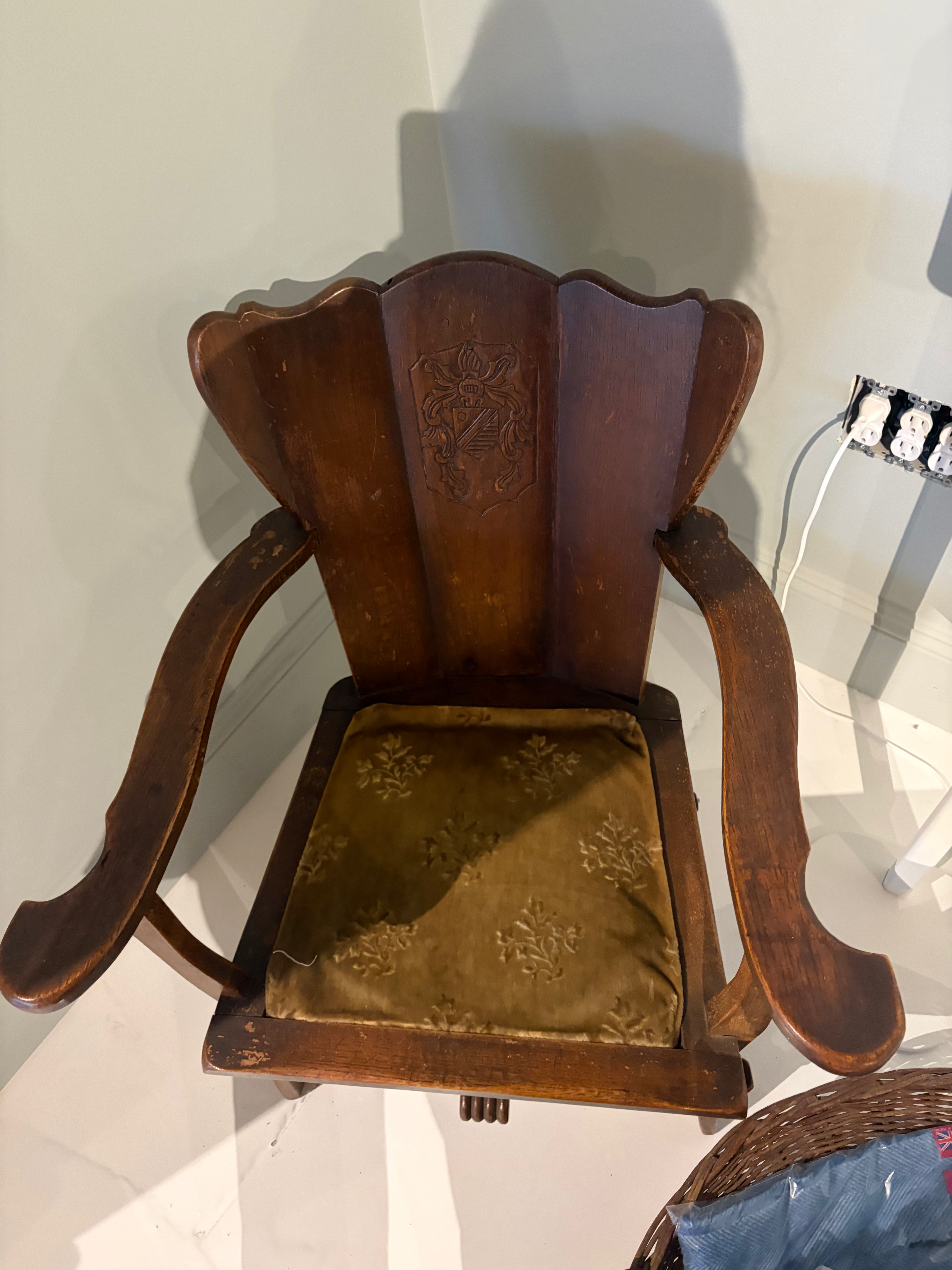 Vintage Wood Crest Chair with green cushion