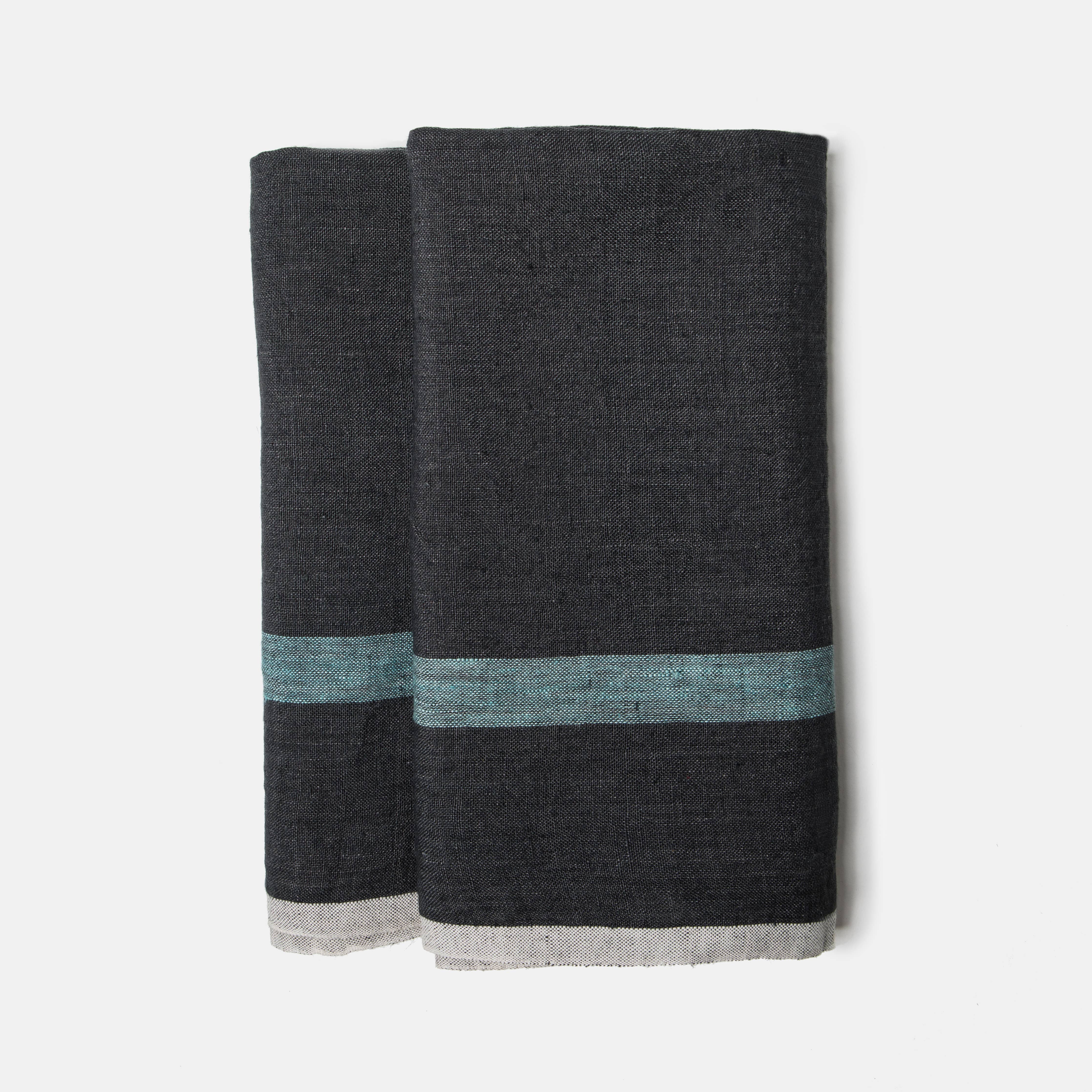 Linen Charcoal/Aqua Towel Napkins 20x30 Set of 2