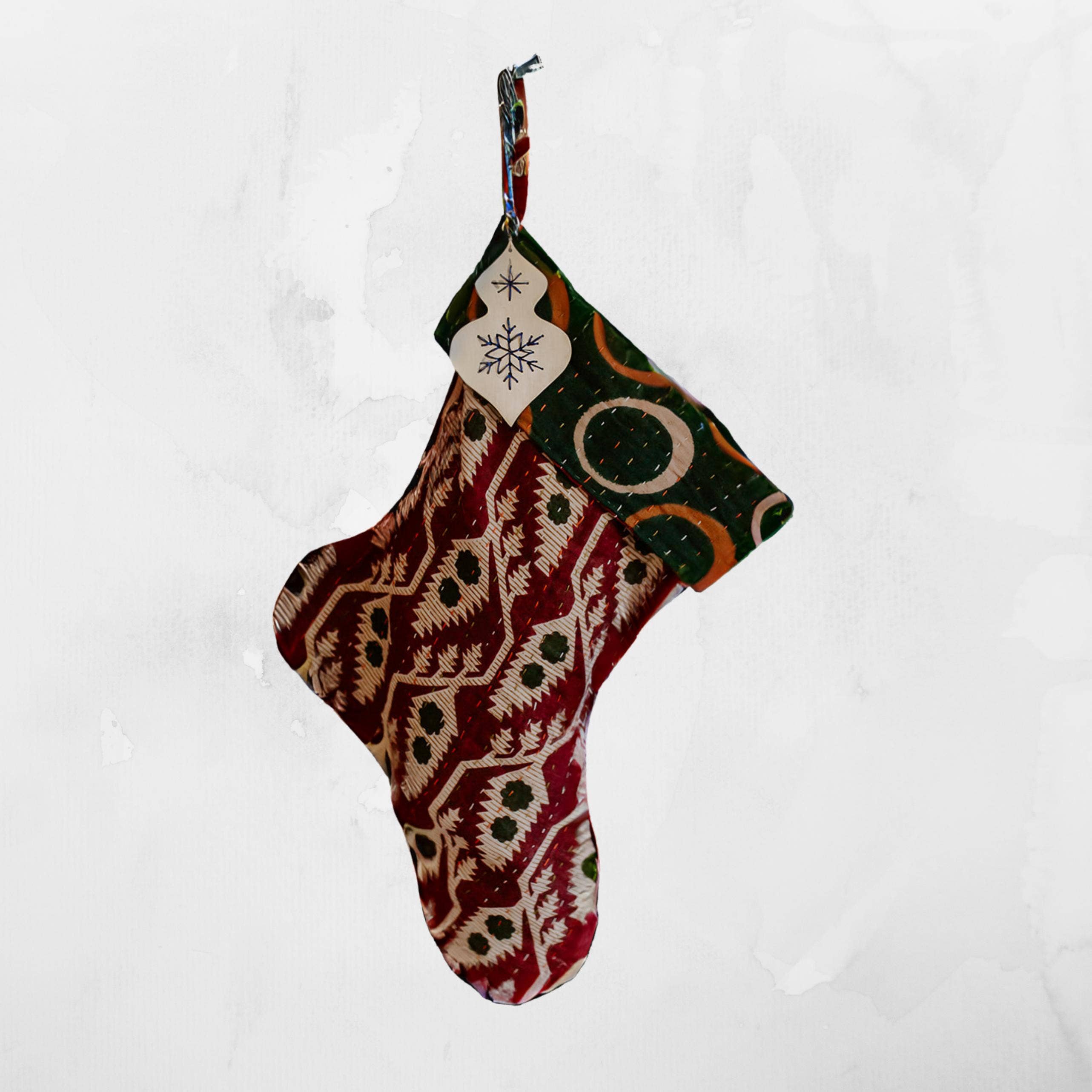 Kantha Handmade Vintage Christmas Stocking, Small