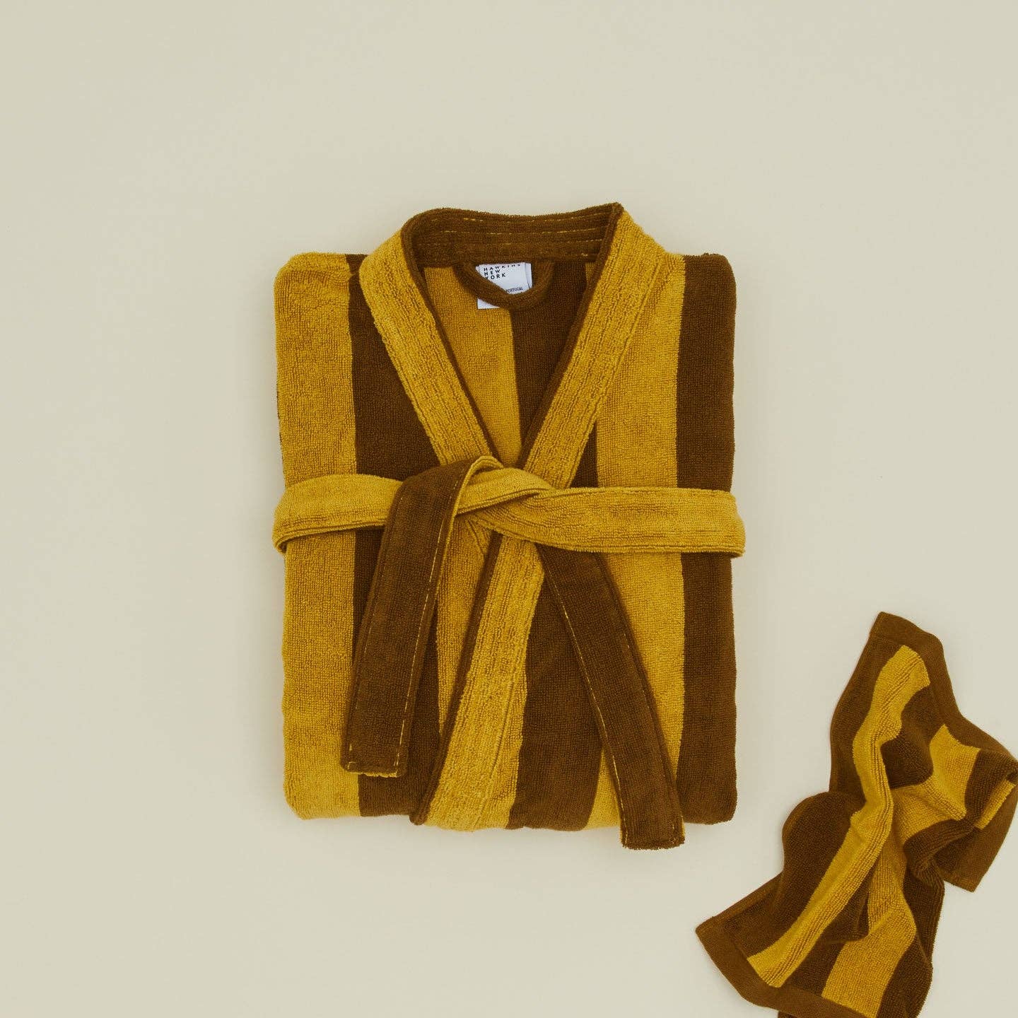 Simple Striped Terry Bathrobe- Mustard/Bronze: Large