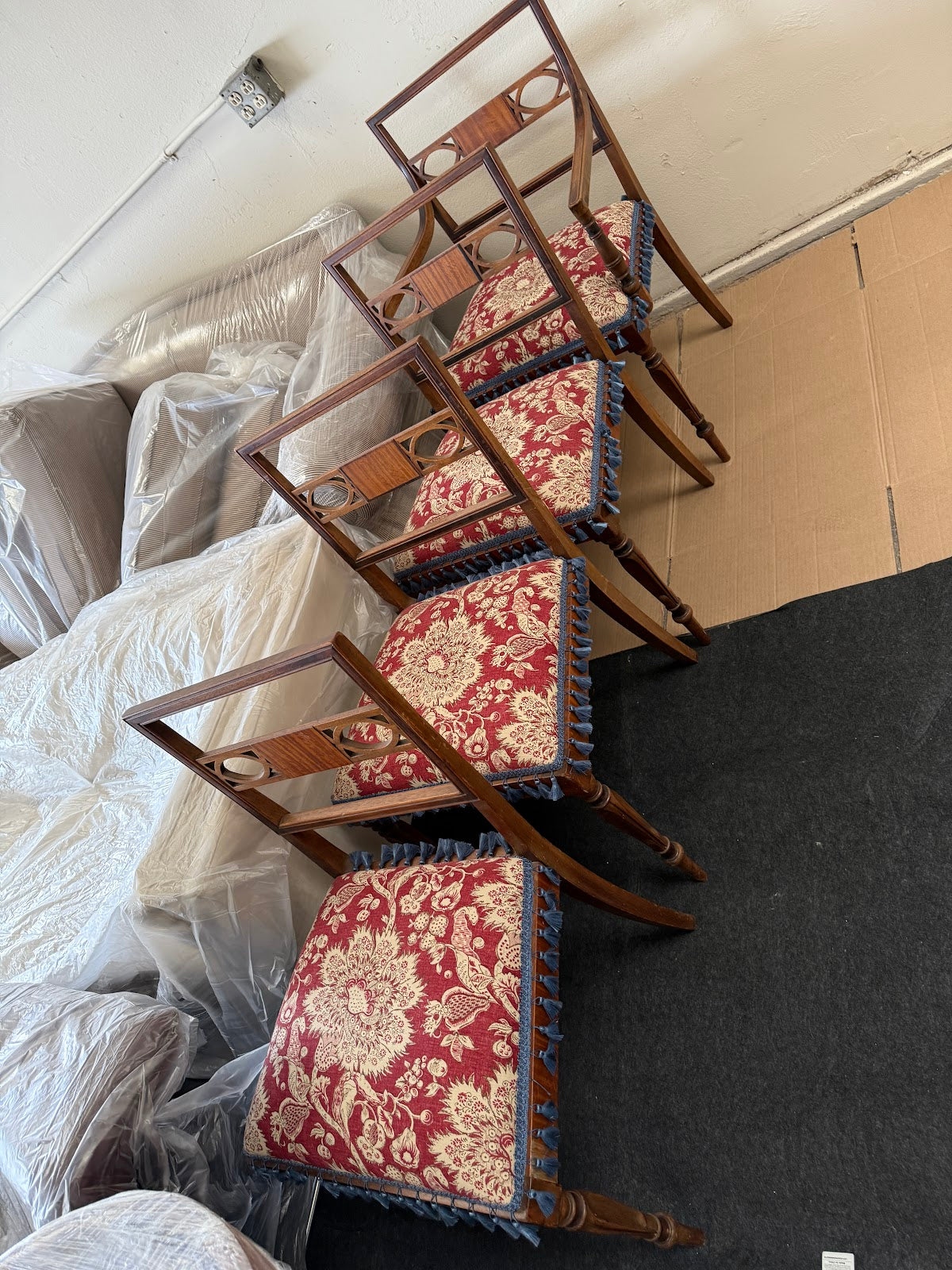 Set of 6 Dining Chairs reupholstered in red and blue