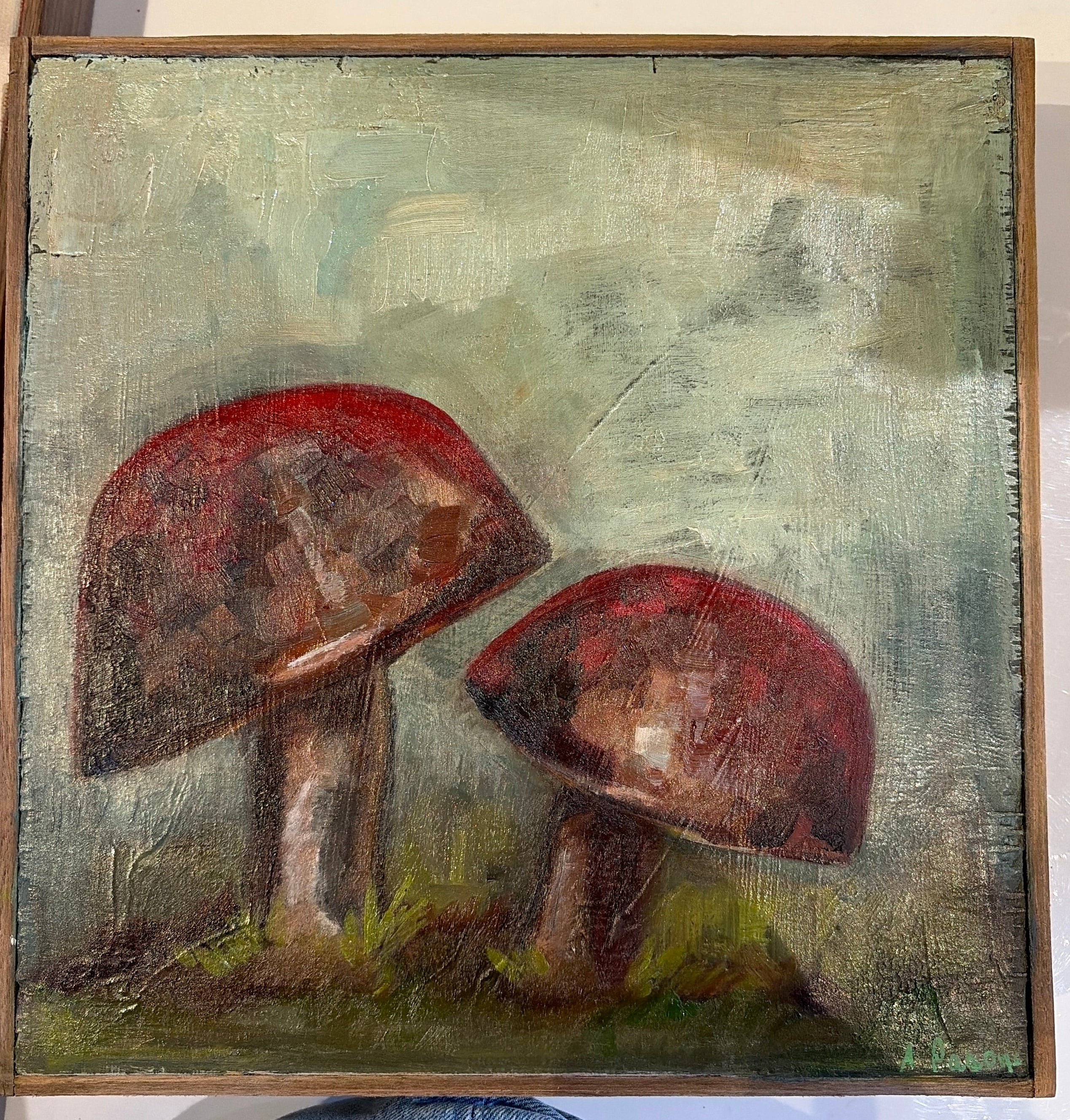 Ali Parsons, Two Red Mushrooms oil painting 12x12