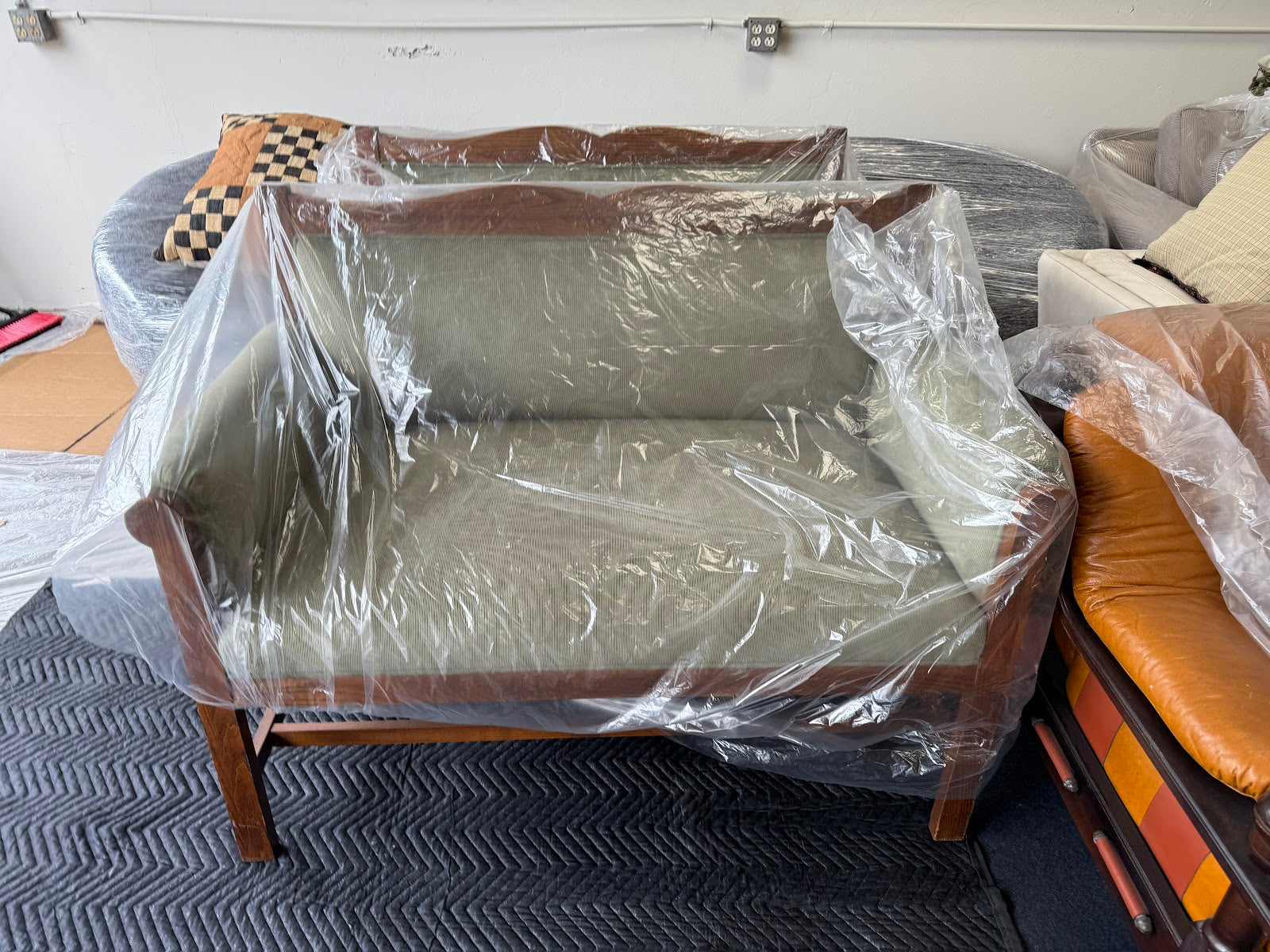 Wood & Green Upholstered Settee