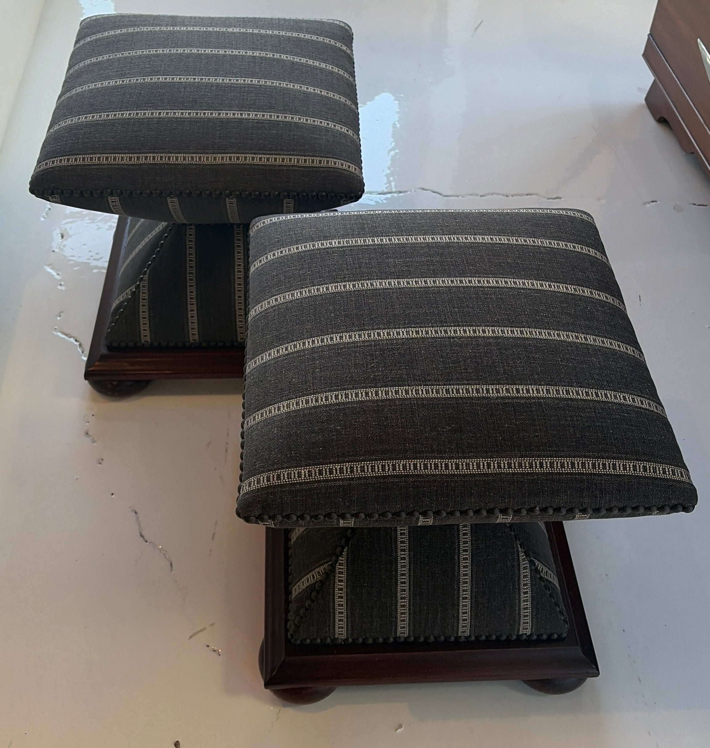 Striped Square Ottoman with Wooden Base
