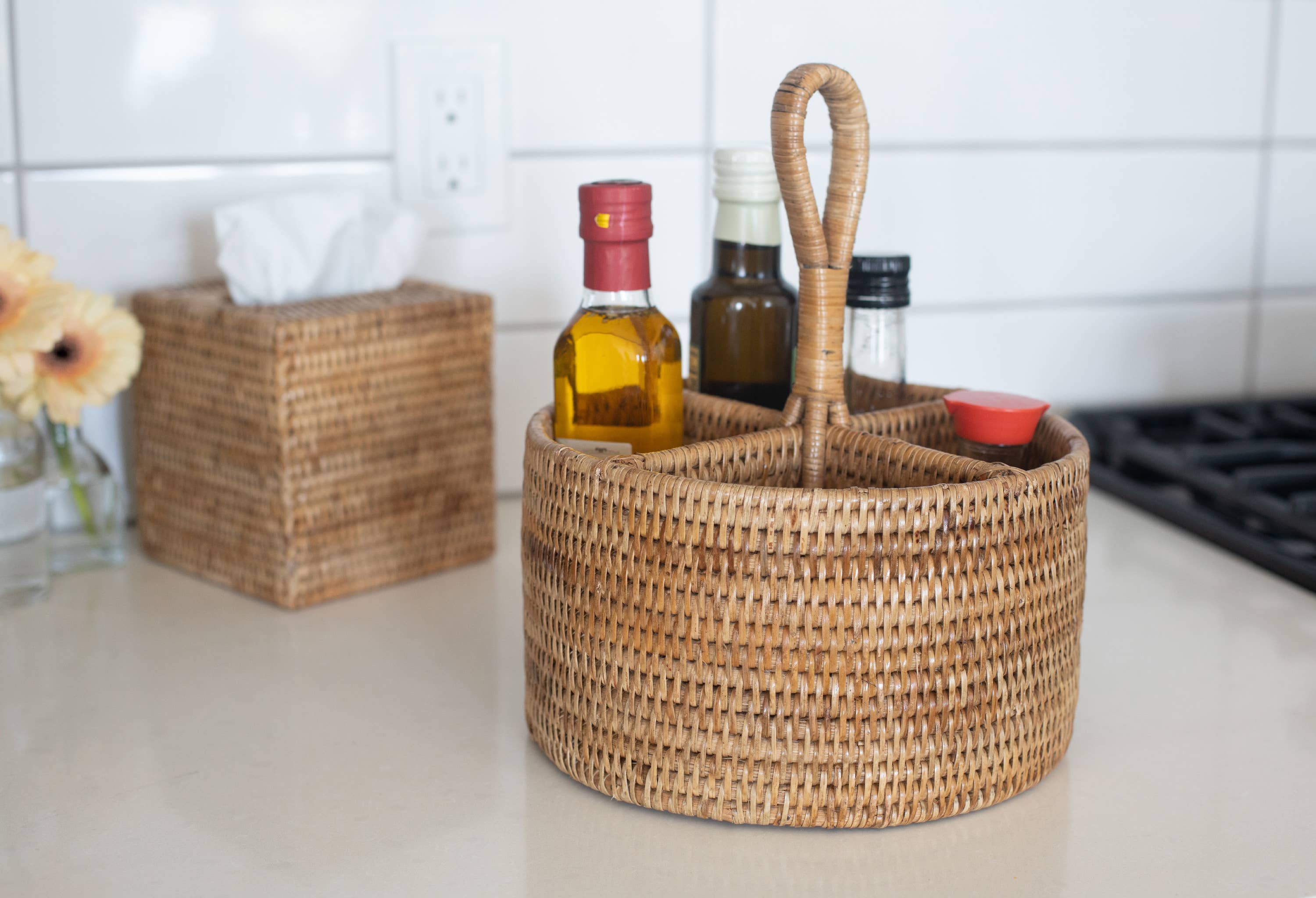 Artifacts Rattan™ 4 Section Caddy/Cutlery Holder: Honey Brown