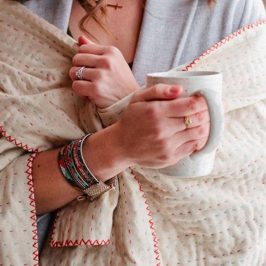 Basha Natural Kantha Throw Blanket : Shades of blue