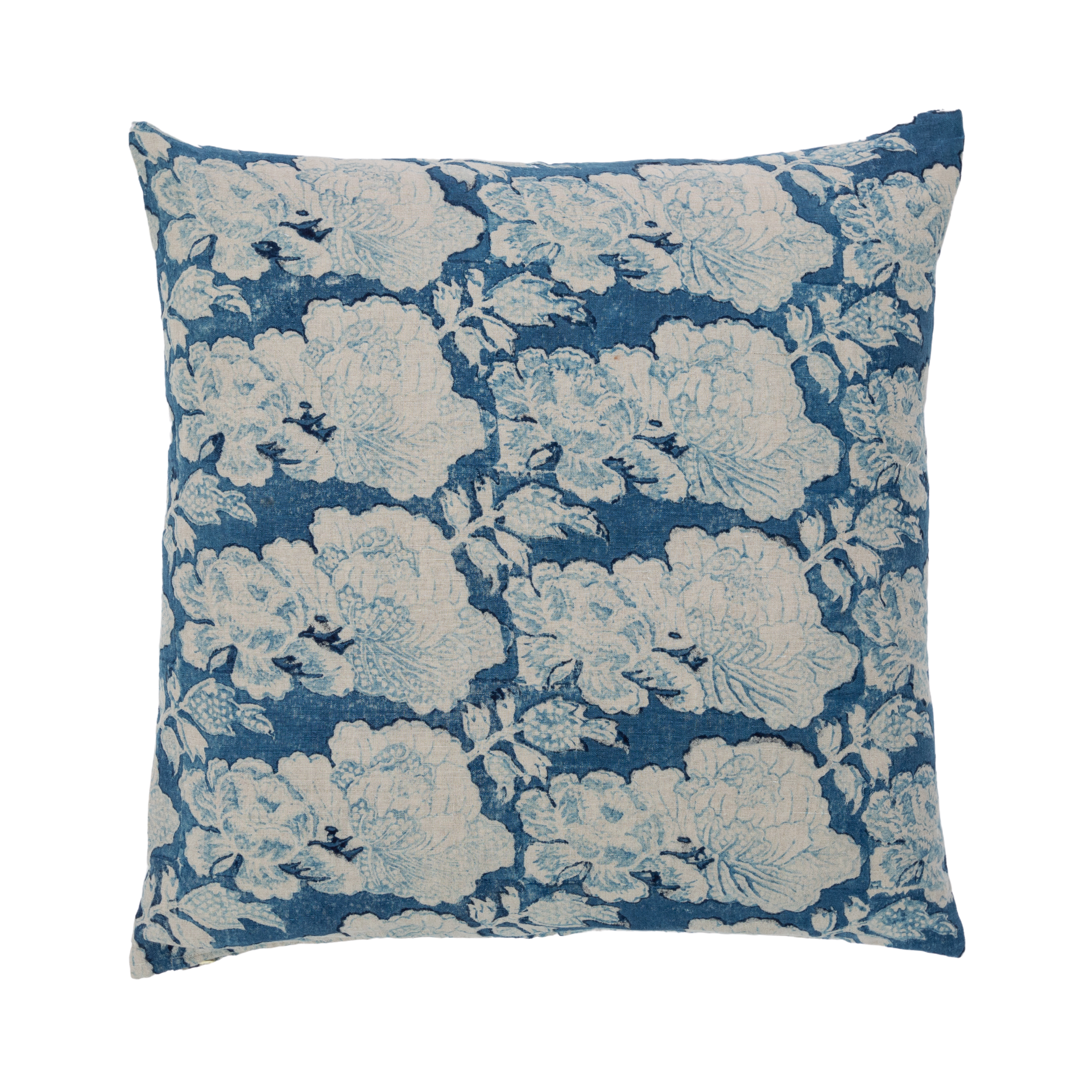 Cabbage Rose Indigo Decorative Pillow, Indigo on Natural