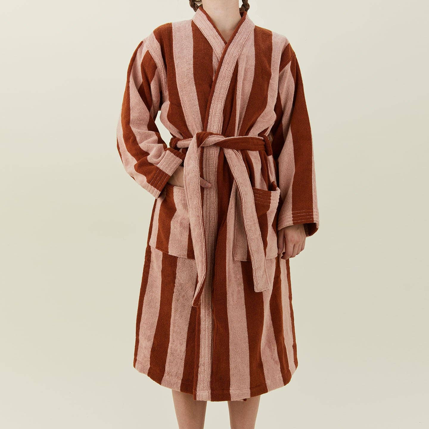 Simple Striped Terry Bathrobe- Blush/Terracotta: Large