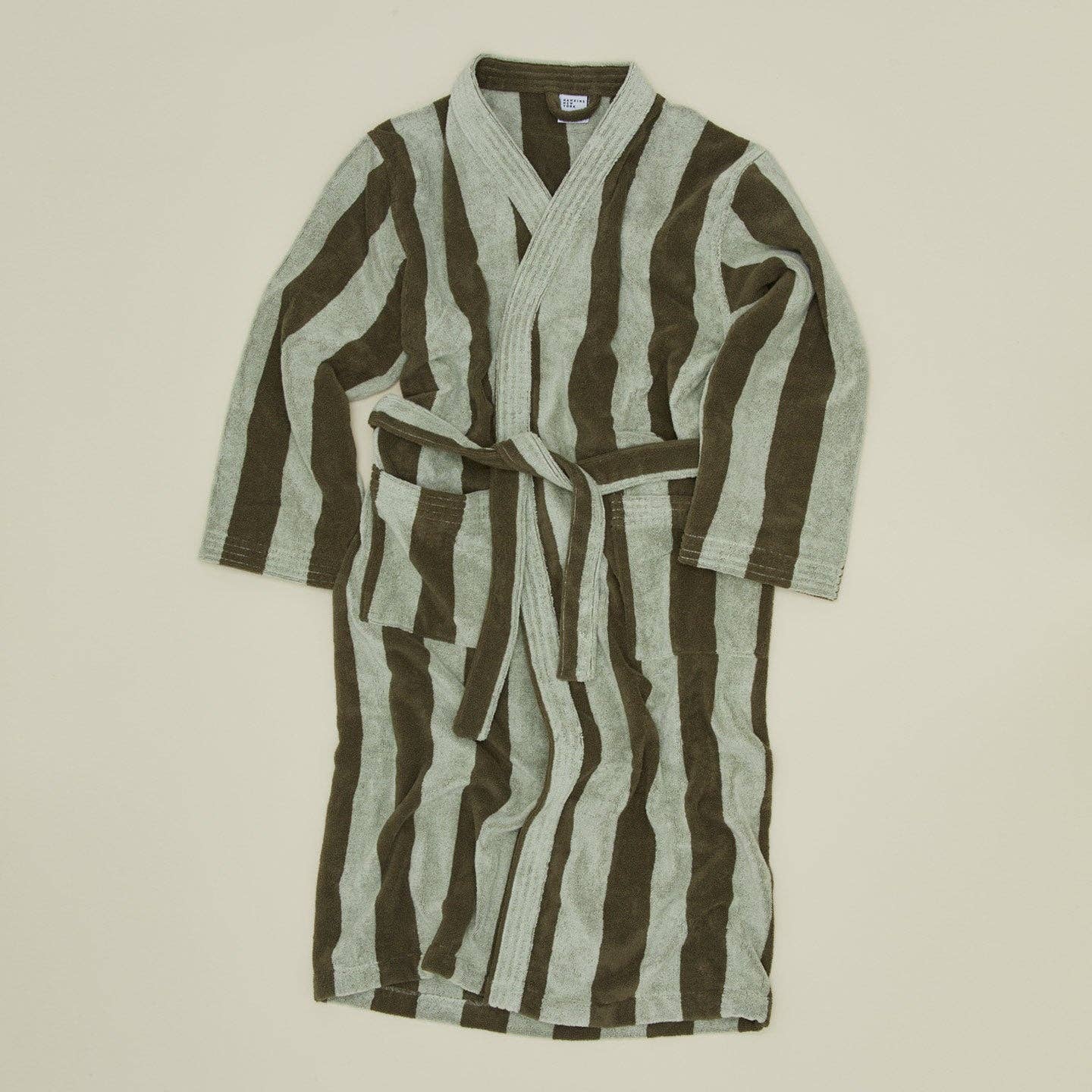 Simple Striped Terry Bathrobe- Olive/Sage: Large