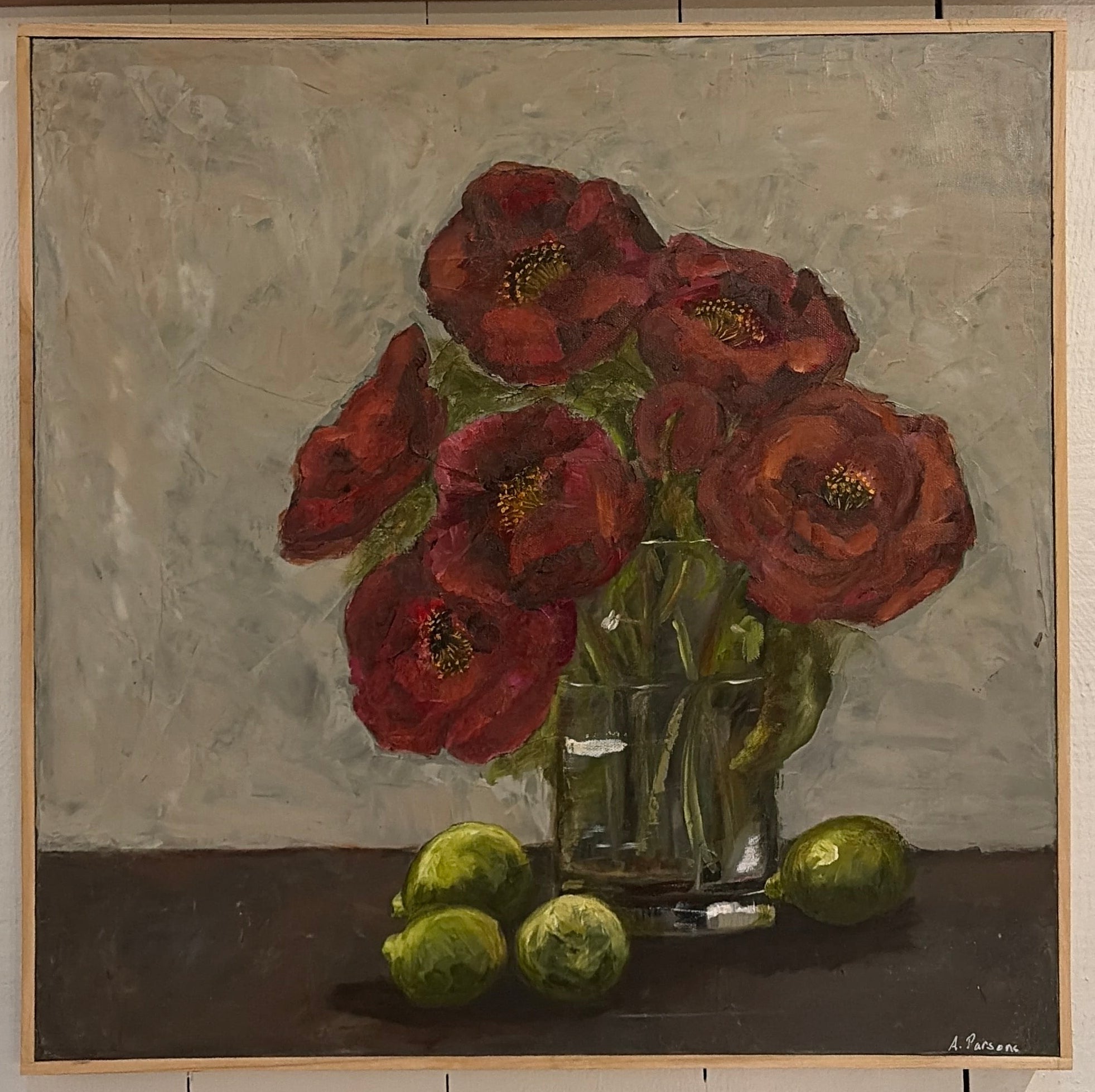 Ali Parsons, Purple Flowers and Limes oil painting 20x20