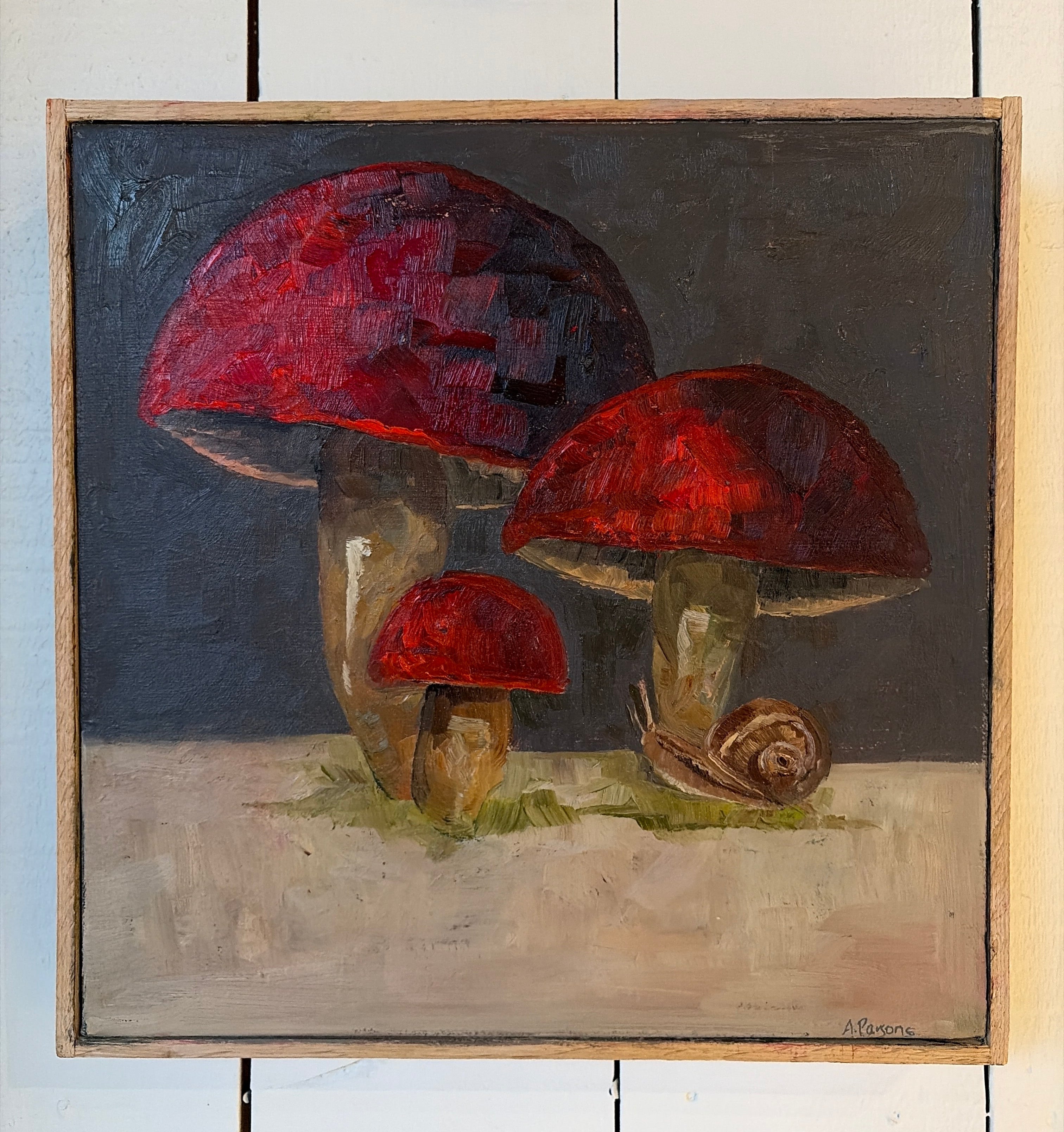 Ali Parsons, Mushrooms and Snail 12”x12”