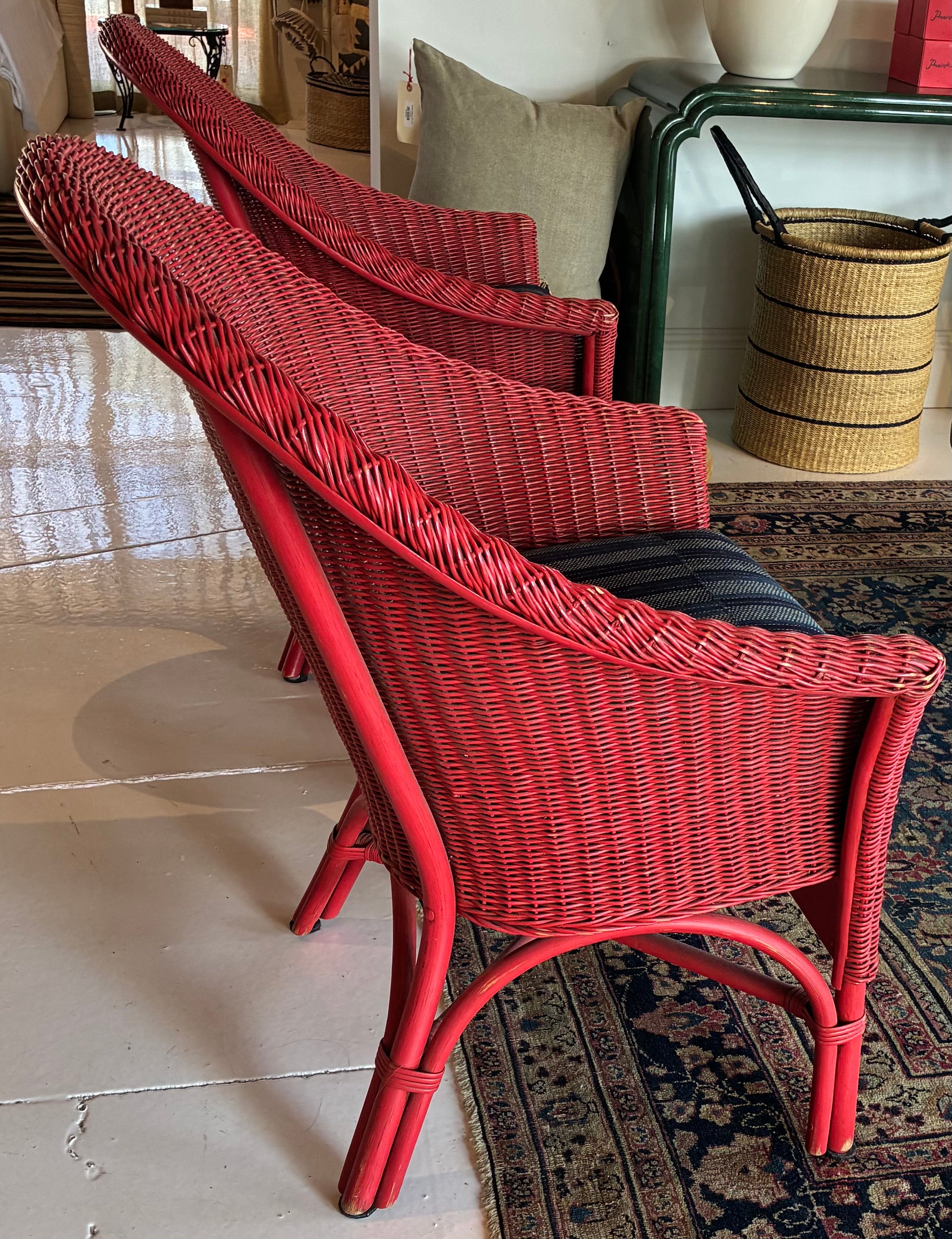 Vintage Red Wicker Chair with Custom Reupholstered African Cloth Cushion