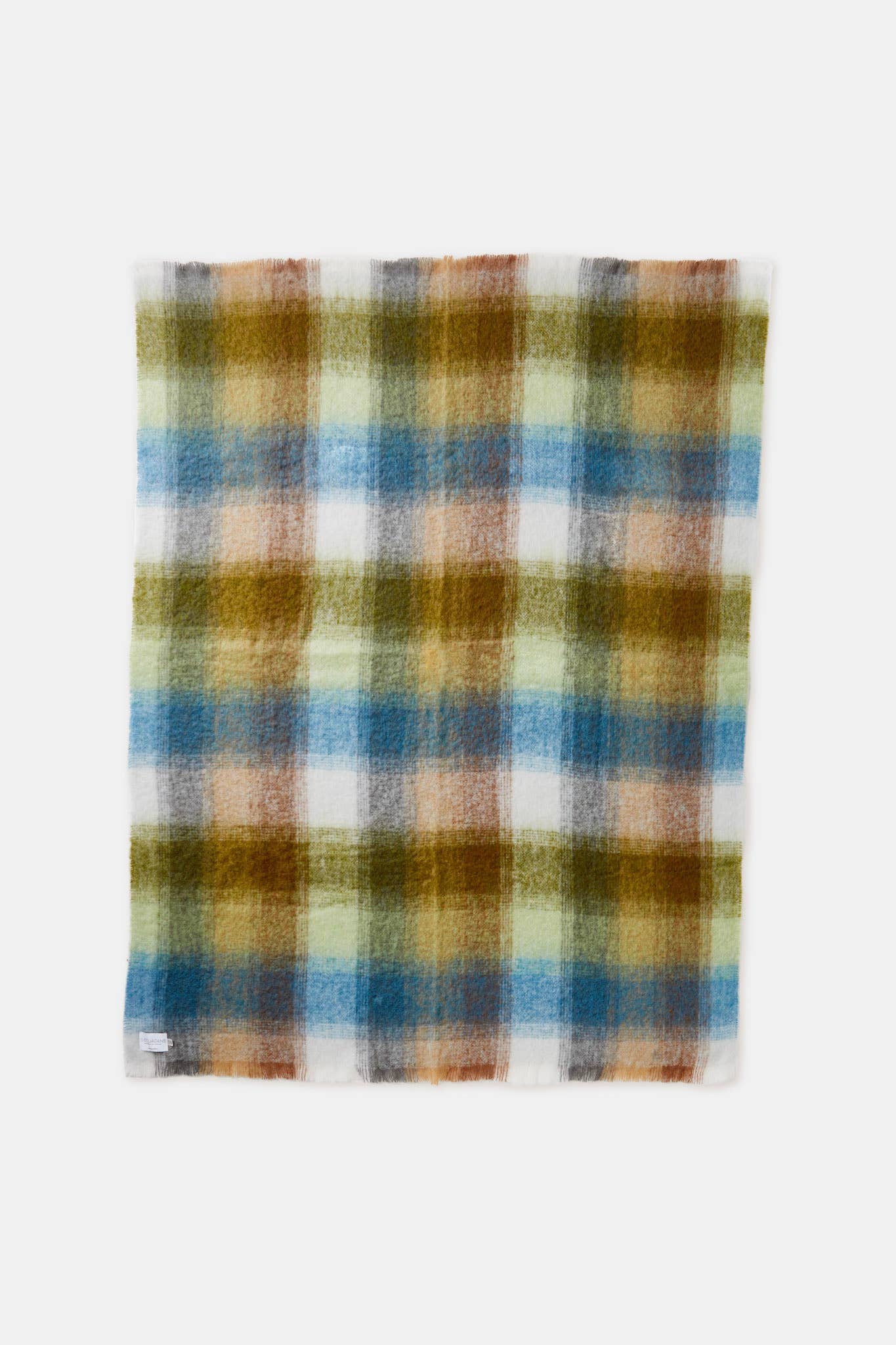 Green Blue And Tan Woven Mohair Wool Plaid Reversable Throw